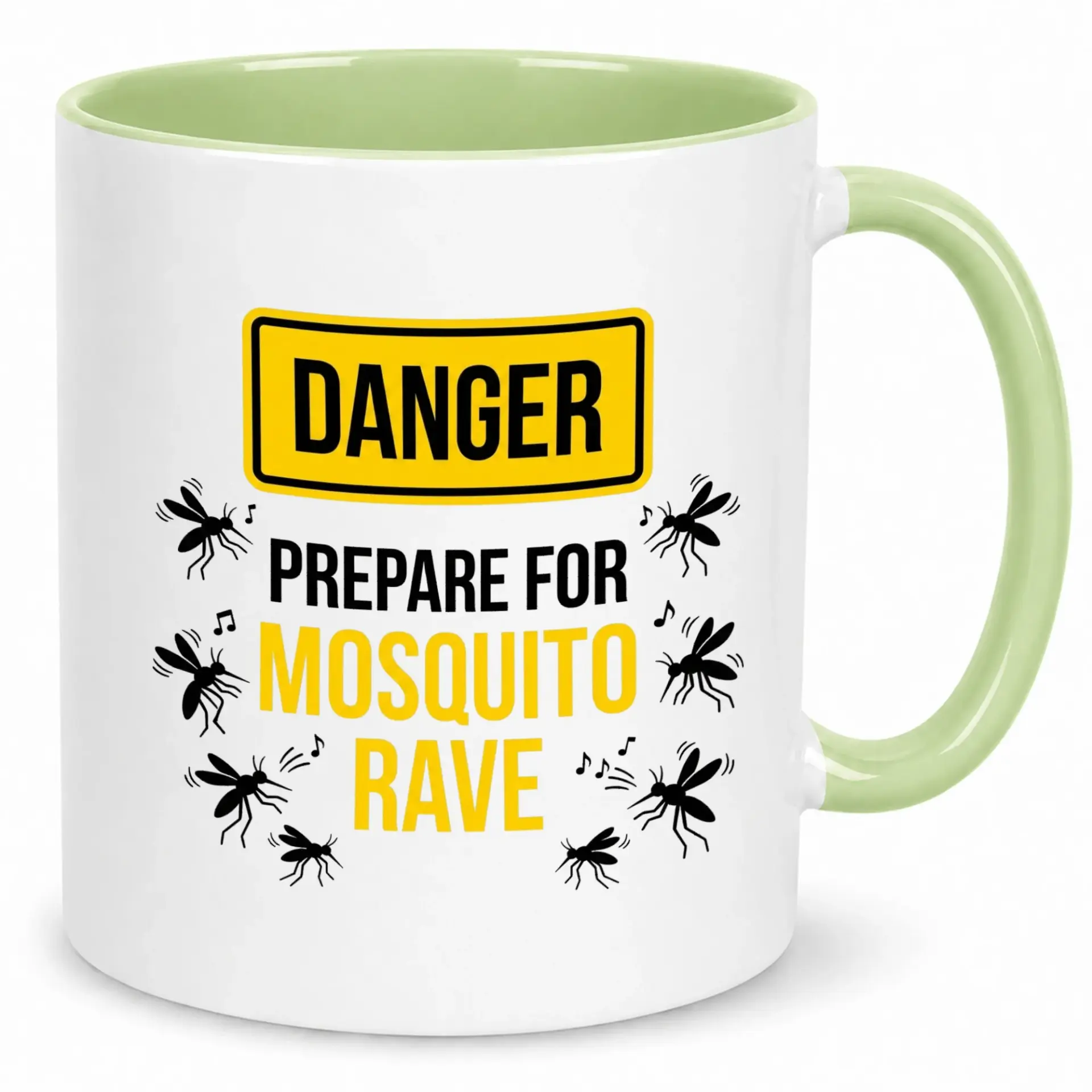 Funny Mosquito Rave Warning Coffee Mug, Unique Insect Humor Ceramic Beverage Cup with Green Handle and Interior, Novelty Outdoor Enthusiast Gift