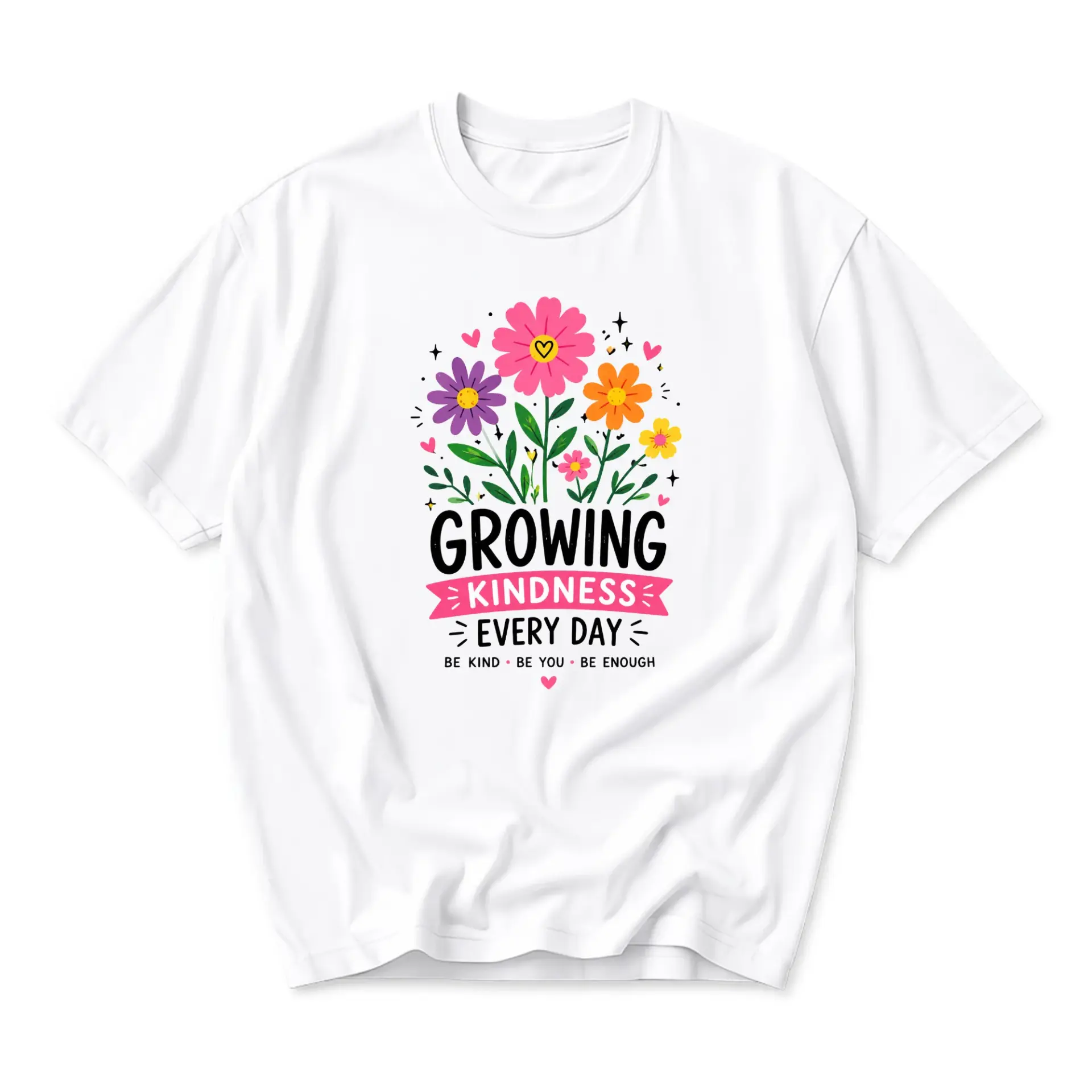 Graphic Tee Growing Kindness Every Day Inspirational Floral Print Unisex Crew Neck Casual Cotton Shirt Short Sleeve