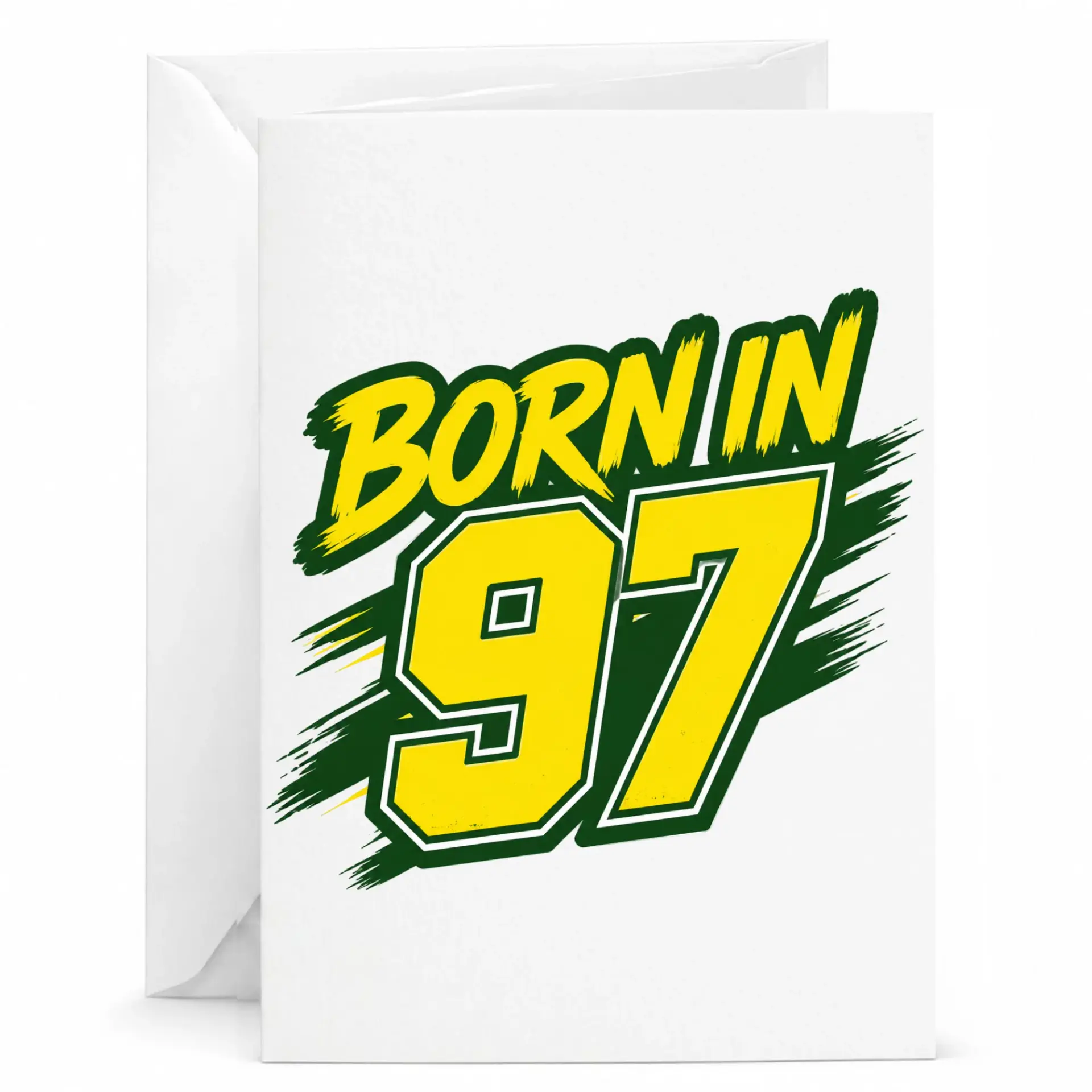 Birthday Card Born in 97 Vintage Style Graphic Greeting Card for Milestone Celebration Yellow and Green Design