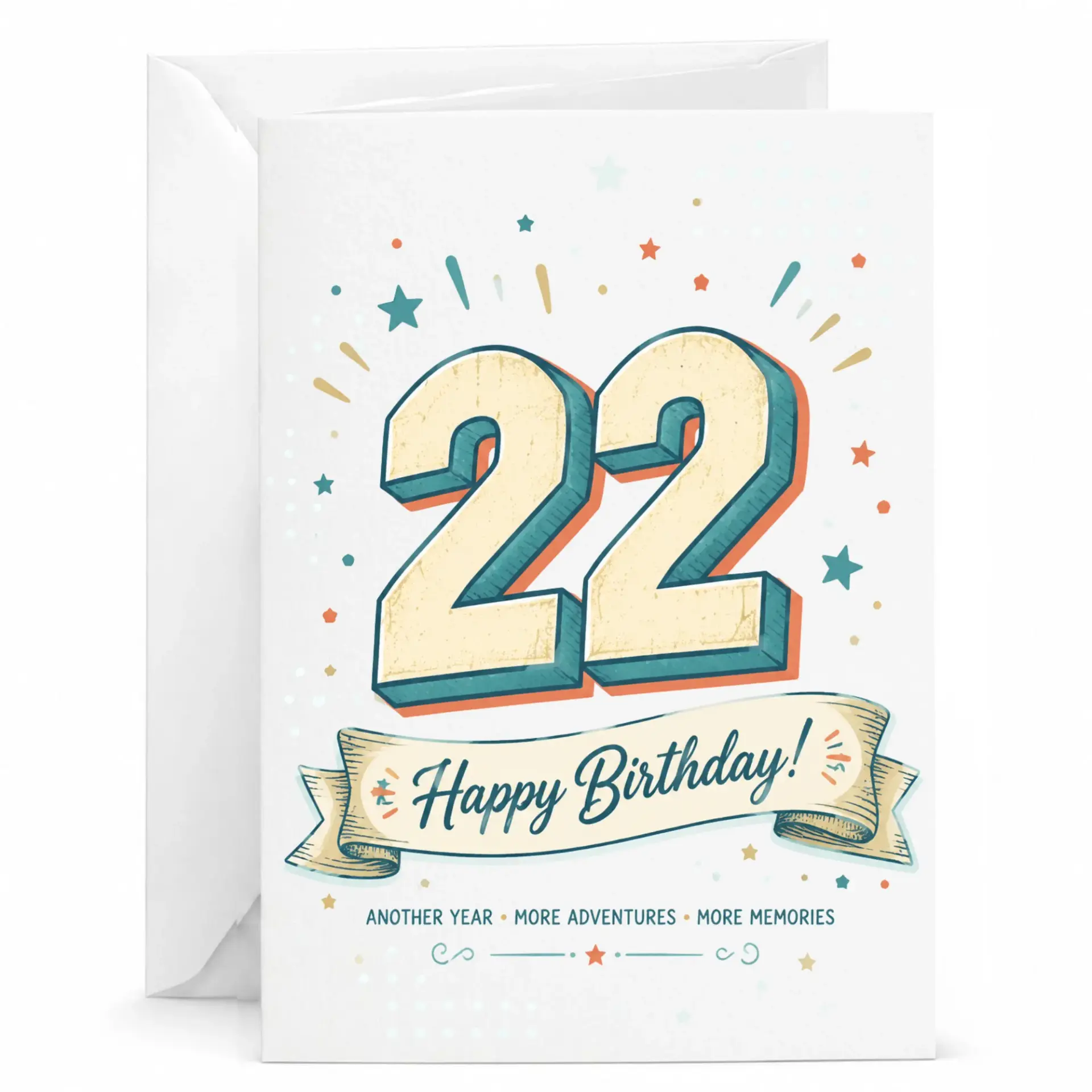 Birthday Card 22nd Birthday Greeting Card Featuring Retro Number Design with Happy Birthday Banner and Decorative Stars