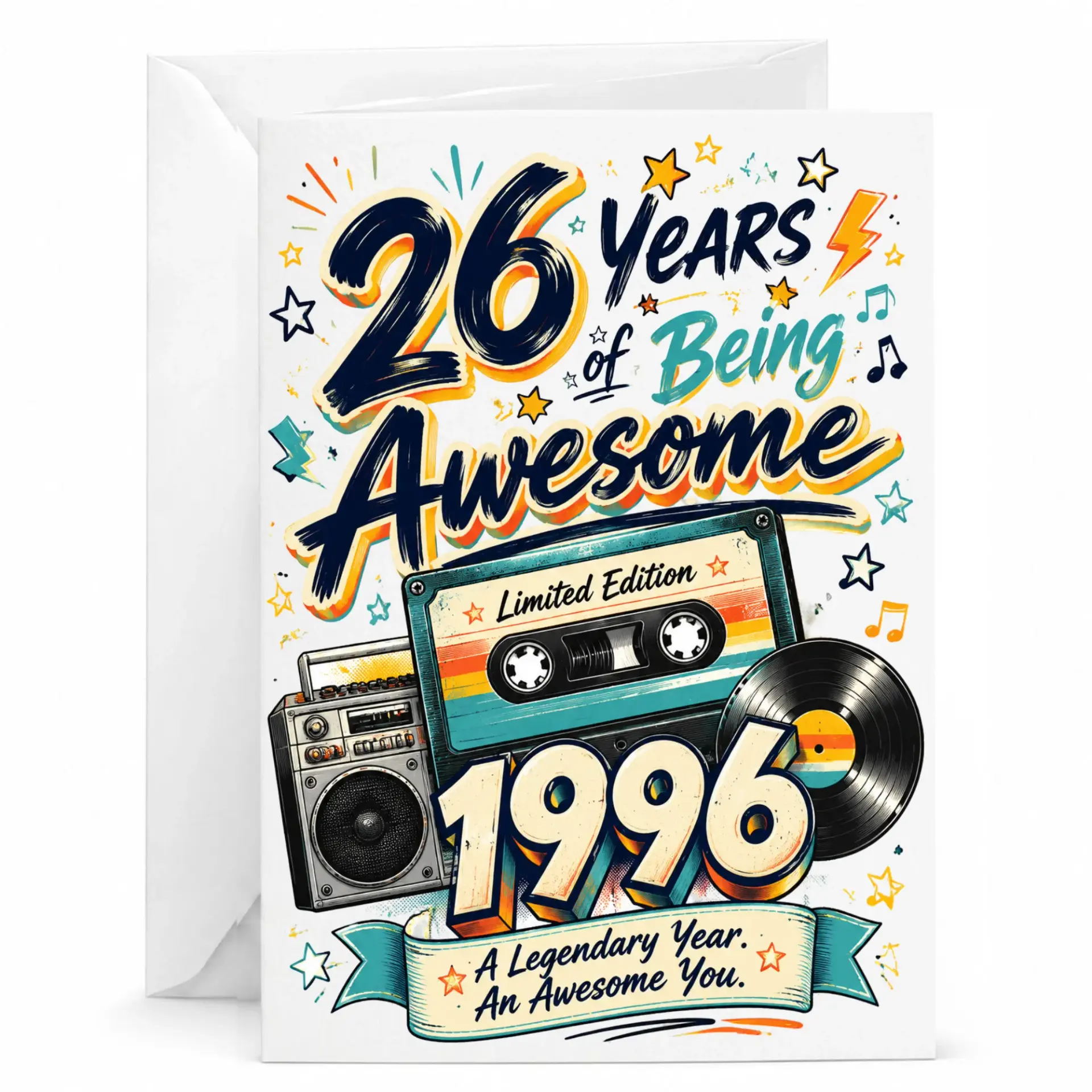 Birthday Card 26 Years of Being Awesome Retro Music Cassette Tape Vintage 1996 Graphic Greeting Card for Milestone Age