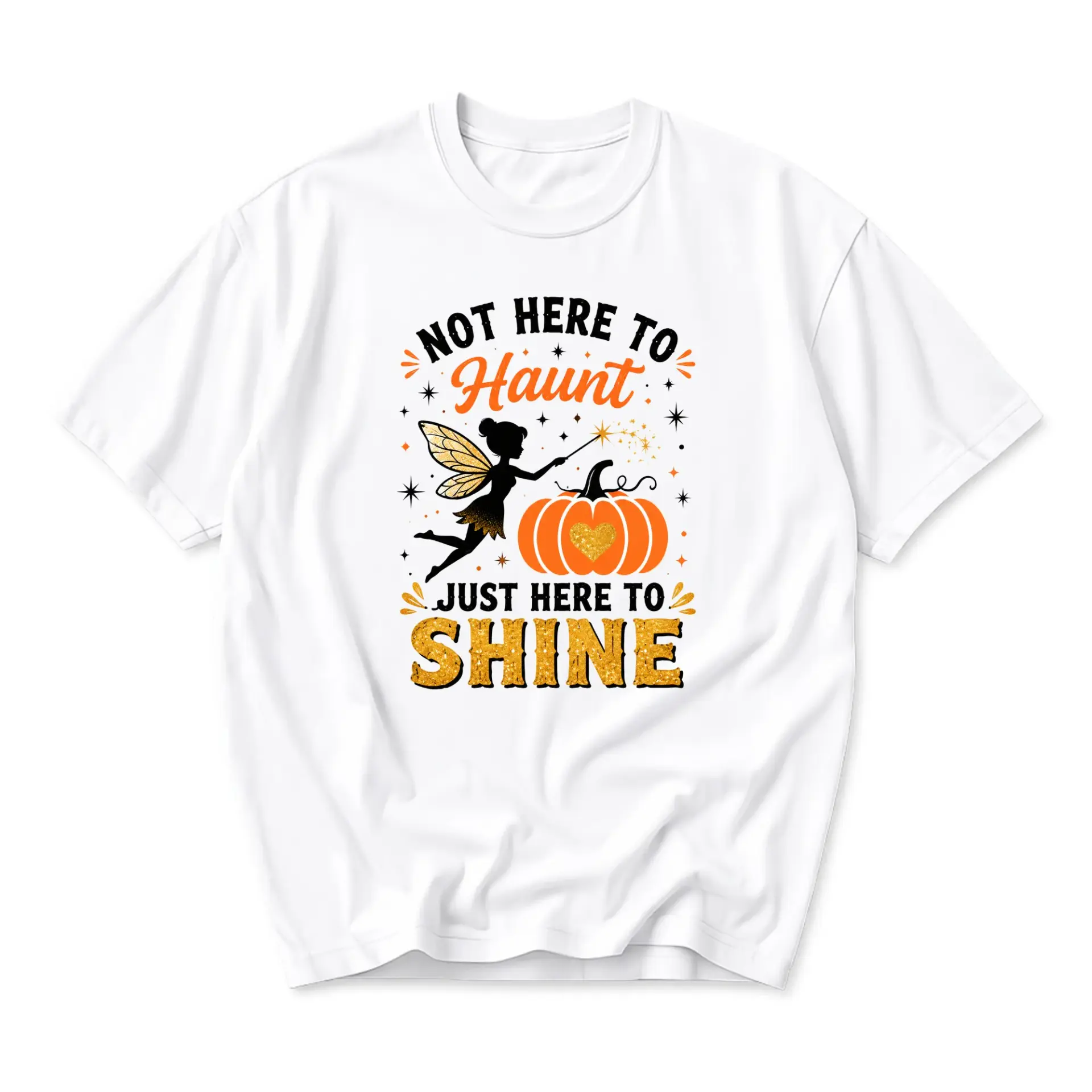 Graphic Tee Not Here to Haunt Just Here to Shine Pumpkin Fairy Print Unisex Crew Neck Casual Cotton Blend Shirt