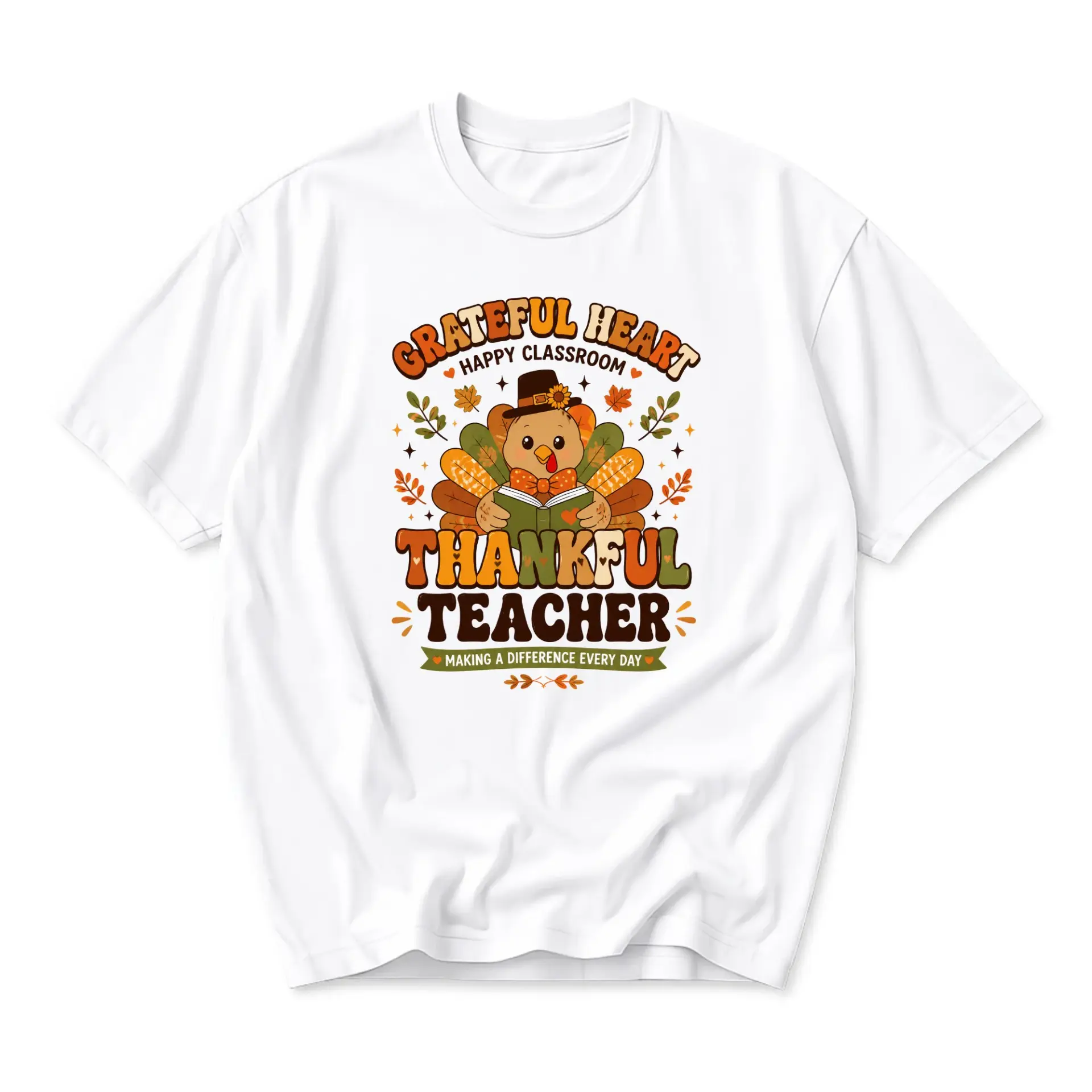 Graphic Tee Grateful Heart Thankful Teacher Unisex Casual Crew Neck T-Shirt Comfortable Everyday Apparel Fall Top