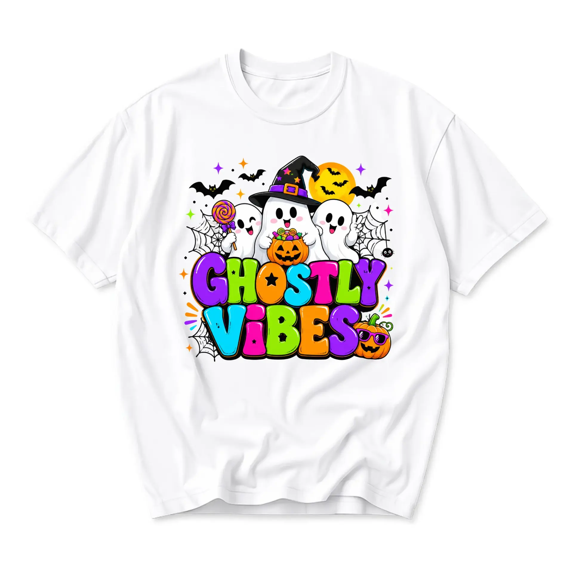 Graphic Tee Ghostly Vibes Halloween Shirt Funny Holiday Apparel Unisex Crew Neck Short Sleeve Casual Cotton Blend Top