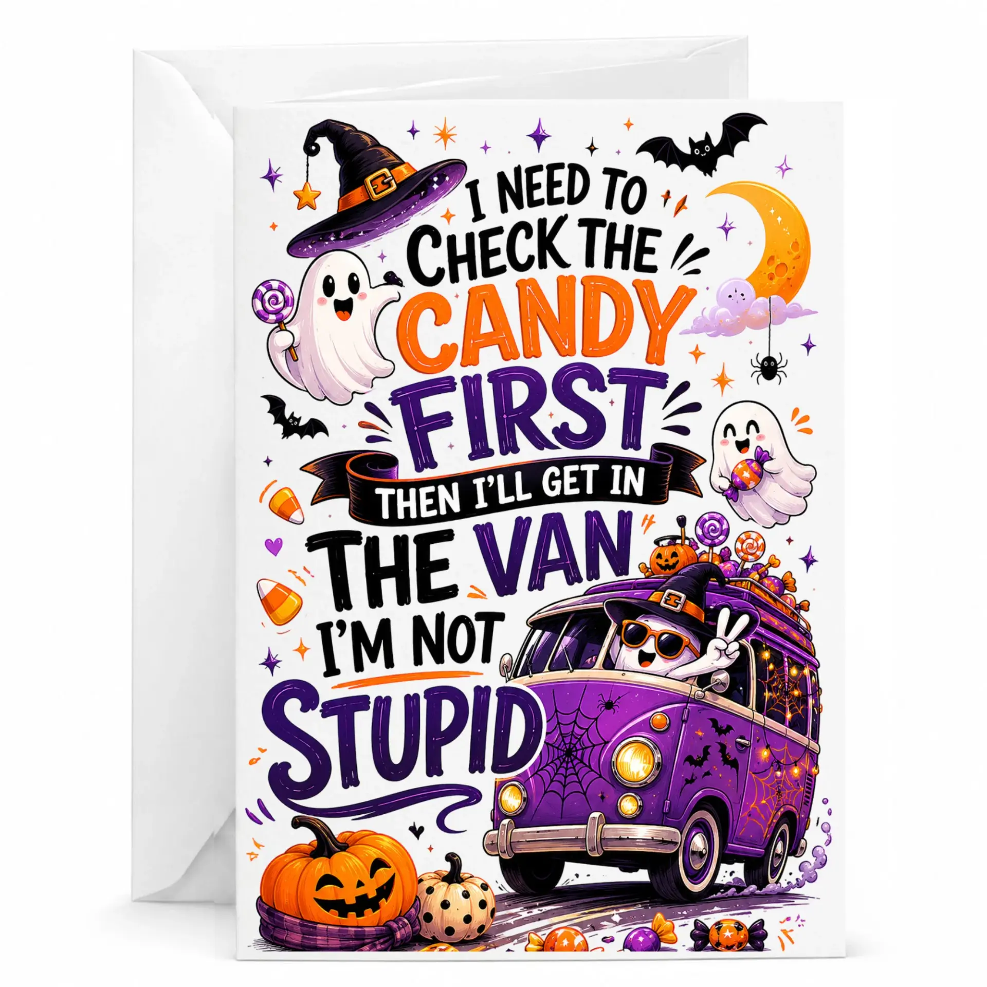 Funny Halloween Greeting Card I Need to Check the Candy First Featuring Cute and a Spooky Van Illustration