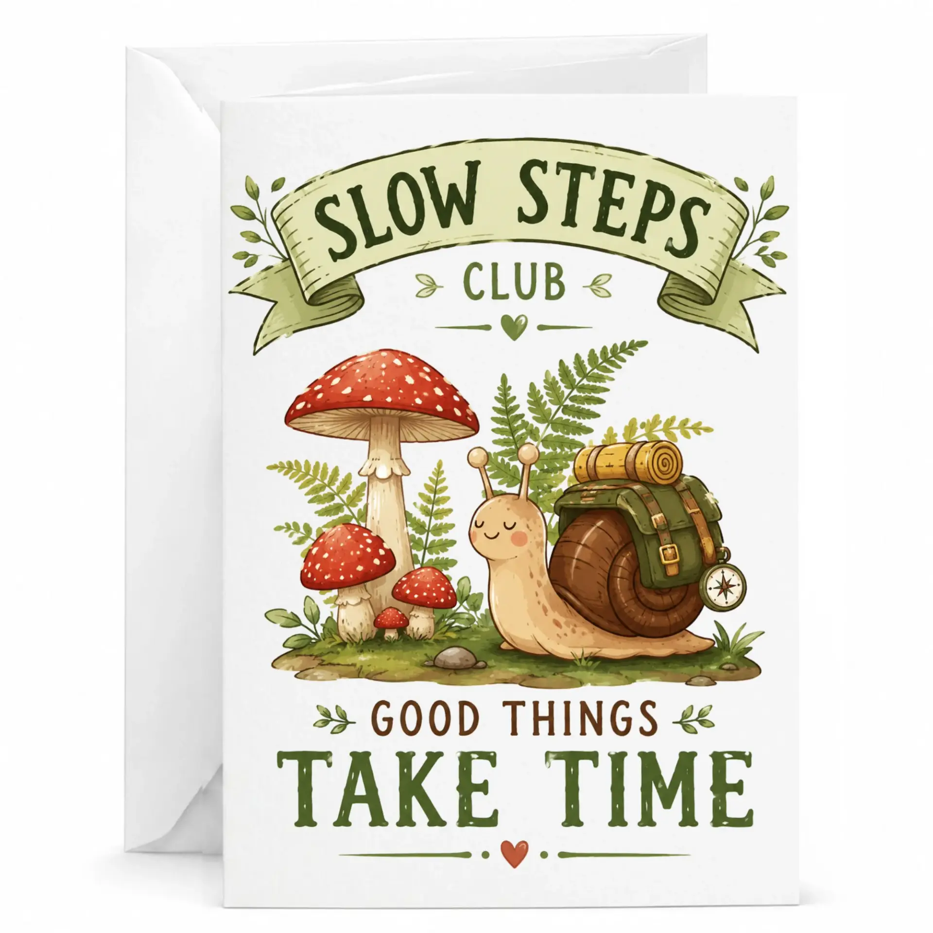 Funny Greeting Card Slow Steps Club Take Time Whimsical Mushroom and Snail Nature Inspired Stationary