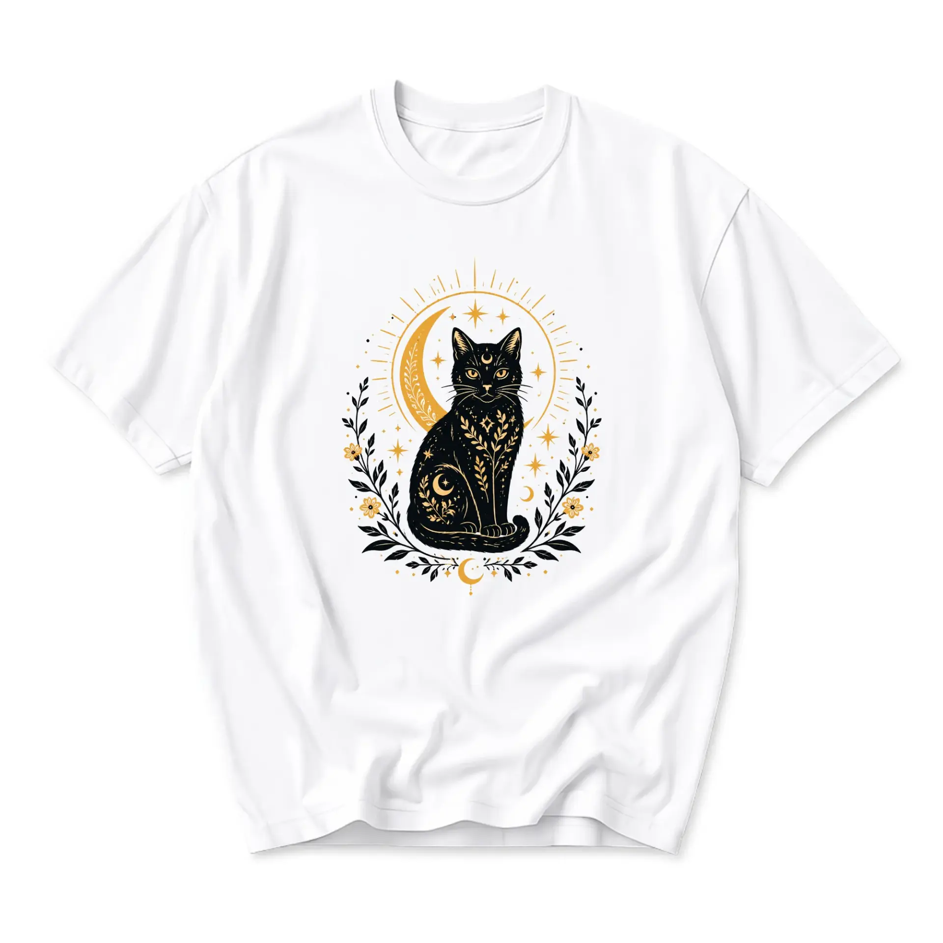 Graphic Tee Unisex Celestial Cat Print Cotton Blend Short Sleeve Crew Neck Casual Everyday Shirt for All Seasons