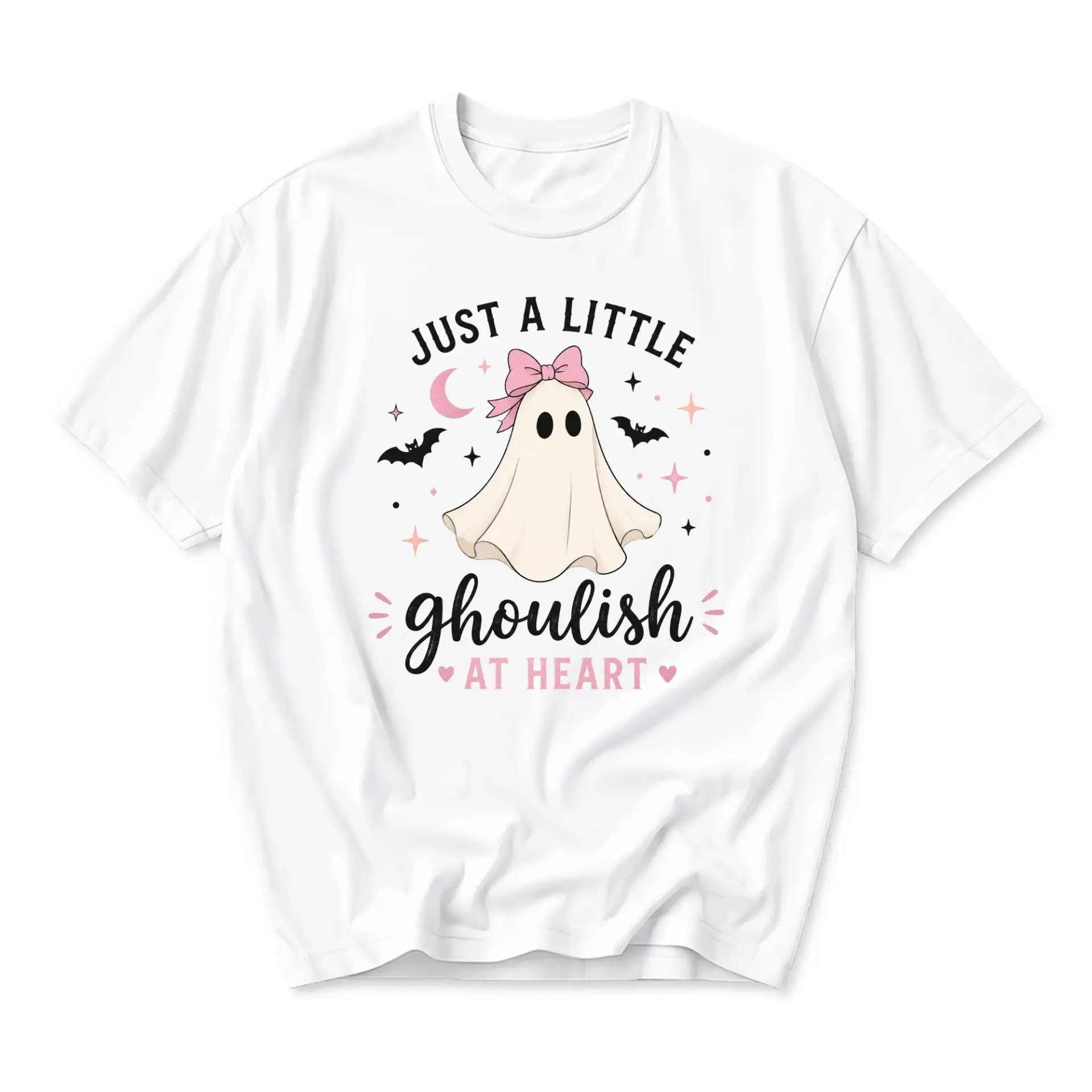 Graphic Tee Just a Little Ghoulish at Heart Spooky Ghost Design Unisex Cotton Crew Neck Short Sleeve Everyday Shirt