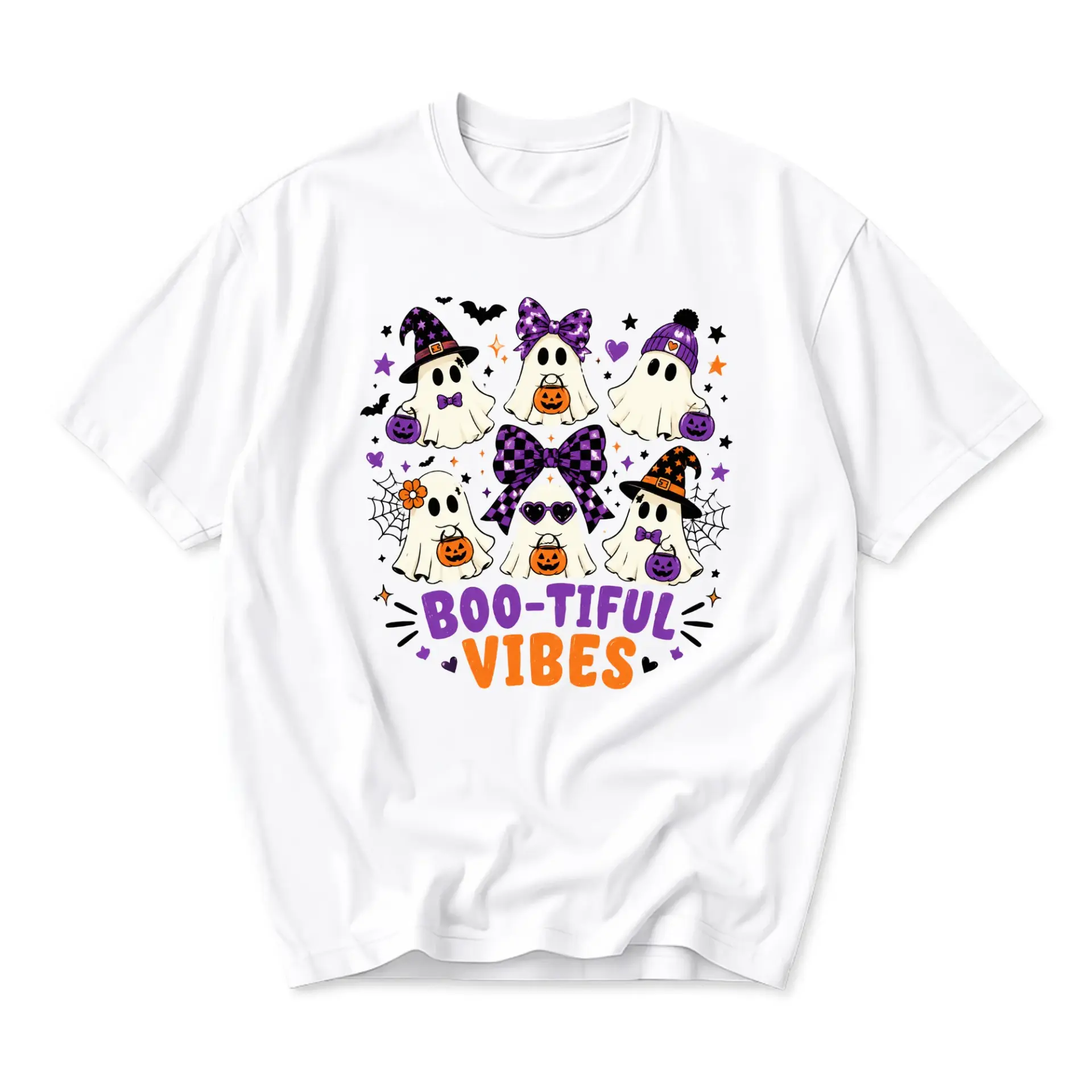Graphic Tee Boo-Tiful Vibes Ghost Print Unisex Crew Neck Shirt for Fall Seasonal Casual Wear and Everyday Comfort
