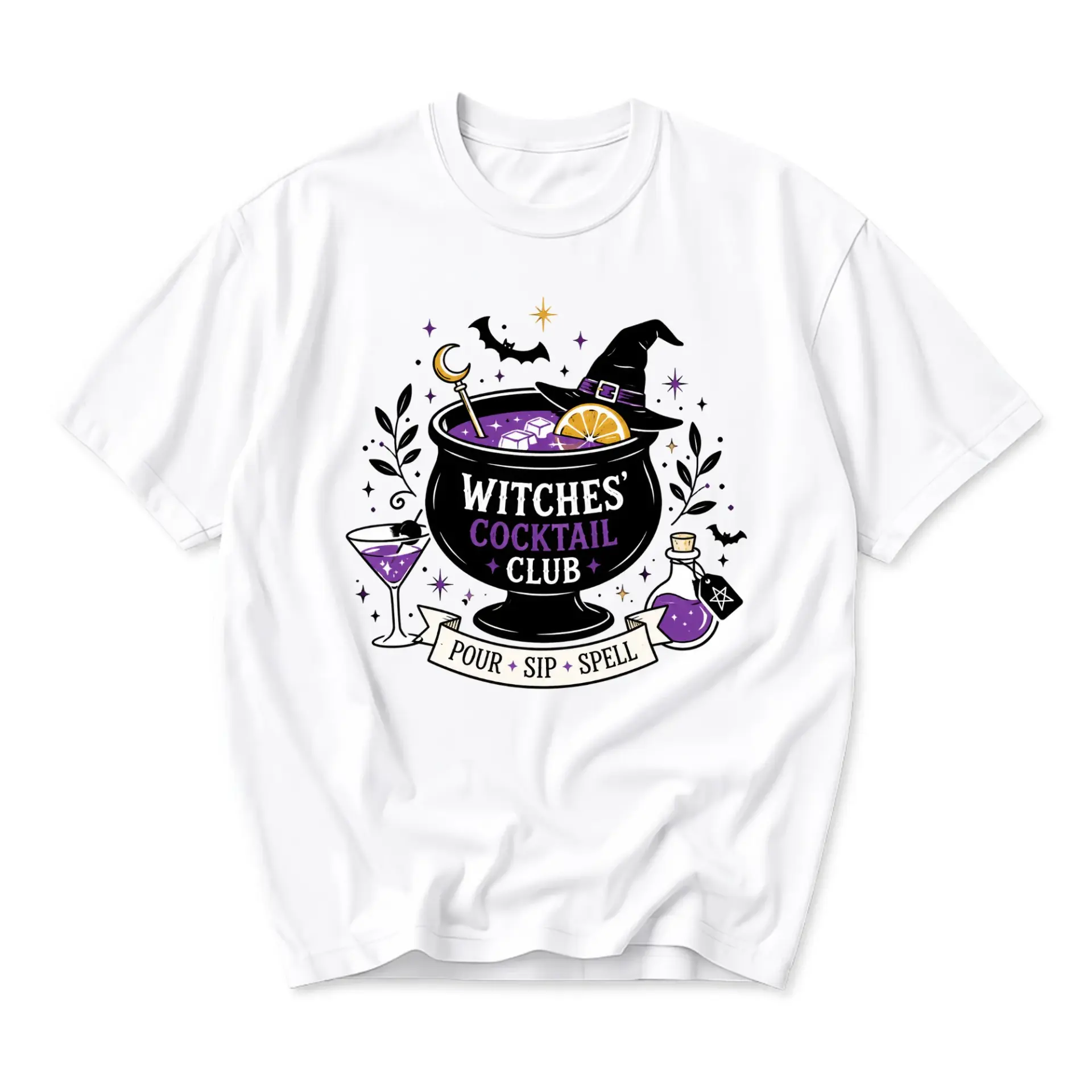 Graphic Tee Witches Cocktail Club Pour Sip Spell Unisex Crew Neck Casual Everyday Short Sleeve Shirt White