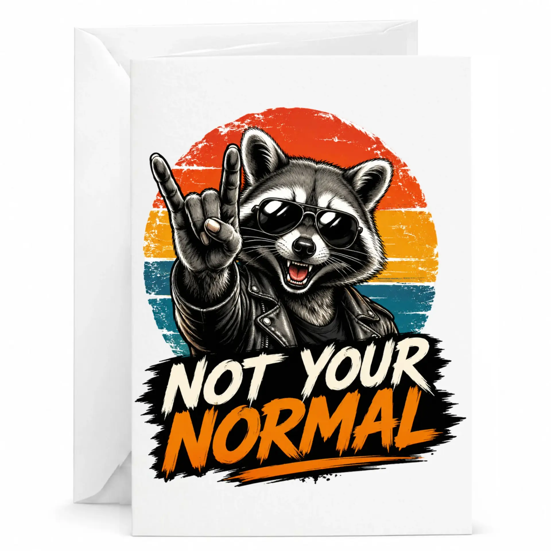 Funny Card Not Your Normal Rocker Raccoon Retro Sunset Greeting for Any Occasion with White Envelope