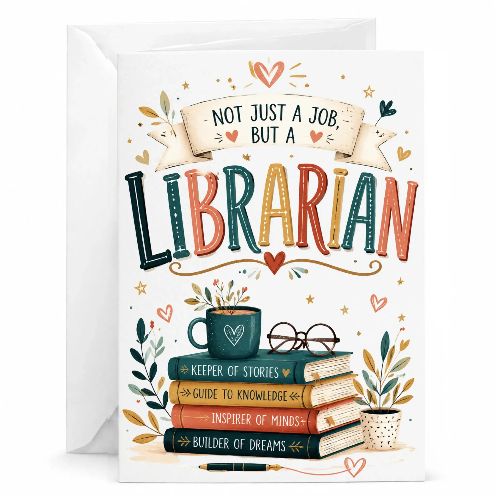 Greeting Card for Librarian Professional Appreciation Gift Note with Artistic Book Theme and Matching Envelope