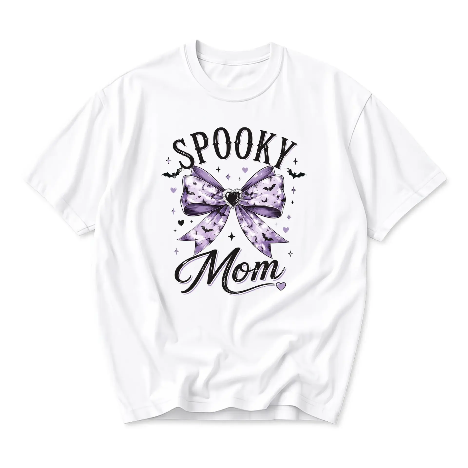 Funny Shirt Spooky Mom Graphic Tee Purple Bow Bat Print Seasonal Apparel for Women Comfortable Unisex Casual Crew Neck