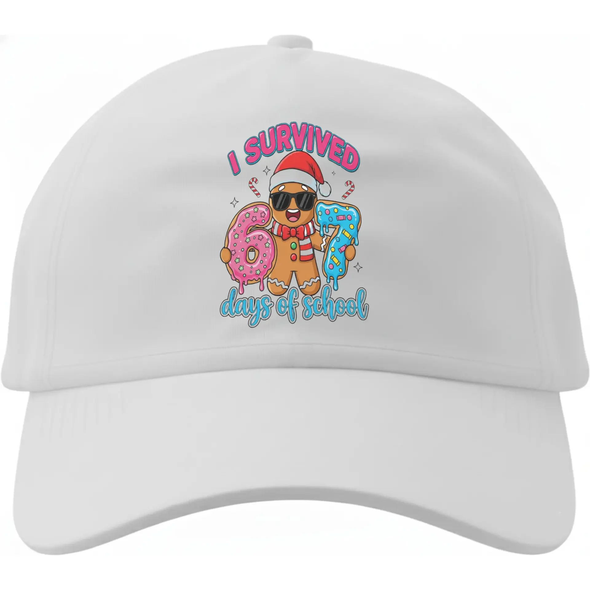 Baseball Cap I Survived 67 Days of School Funny Holiday Gingerbread Man Graphic White Adjustable Hat for Adults