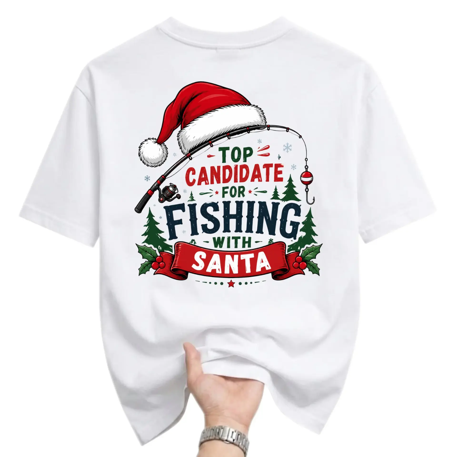 Funny Shirt Top Candidate for Fishing with Santa Graphic Tee Unisex Crew Neck Holiday Apparel for Outdoors Enthusiasts