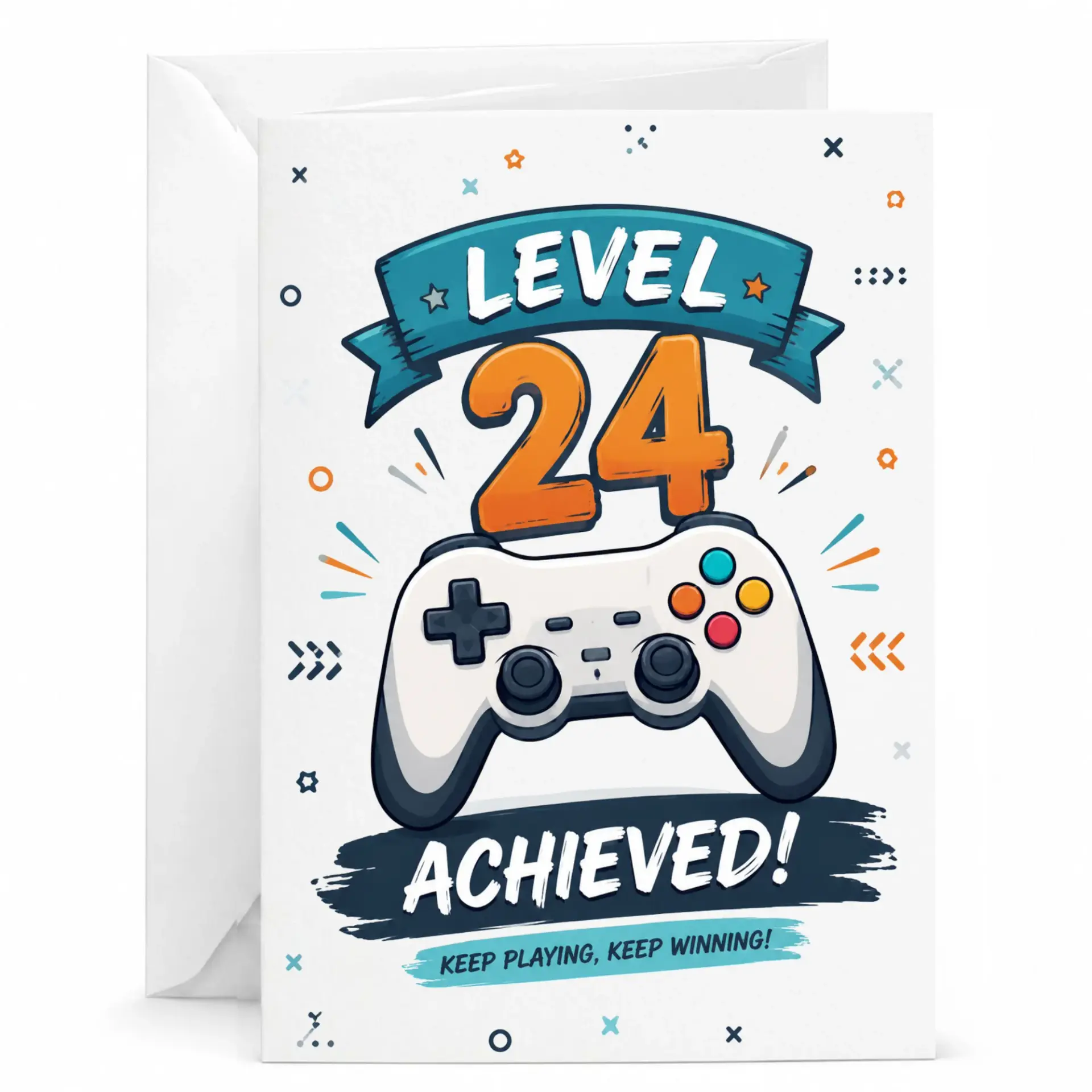 Funny Gaming Birthday Card Level 24 Achieved Greeting Card for Video Game Enthusiast with Matching White Envelope