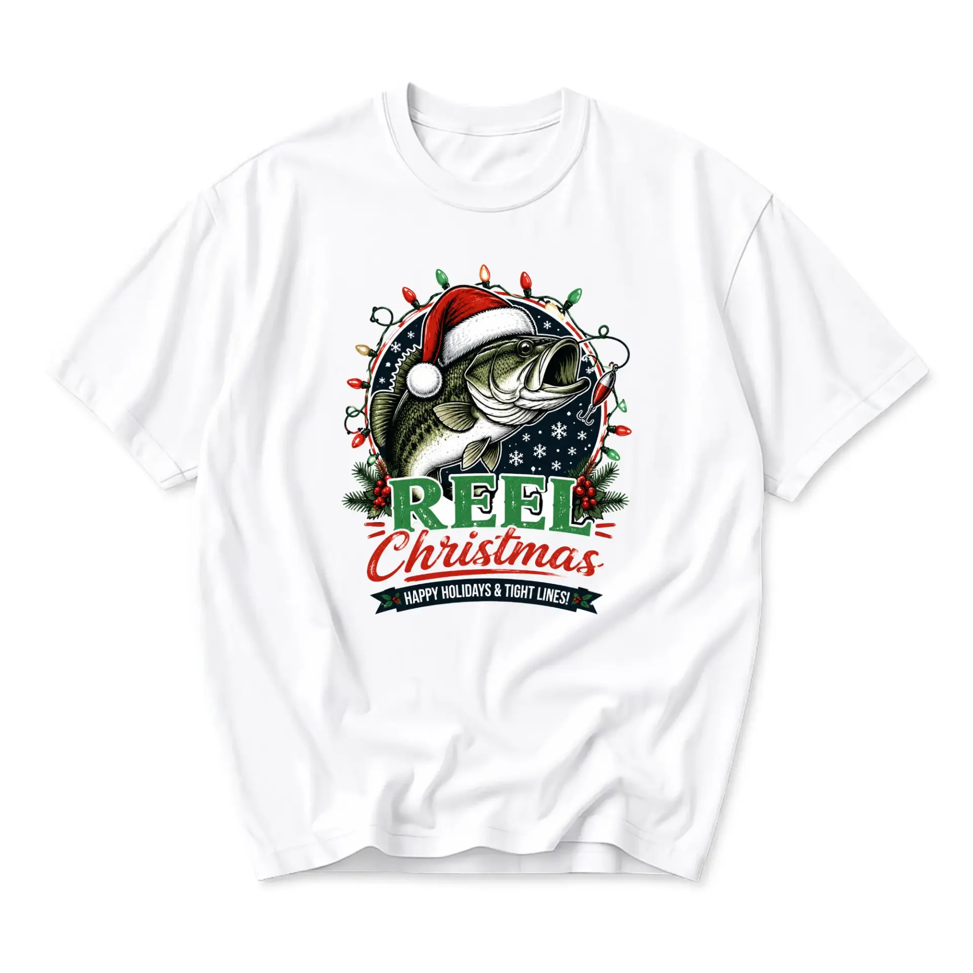 Funny Shirt Reel Christmas Fishing Graphic Tee Holiday Sport Lover Unisex Crew Neck Cotton Blend Casual Apparel