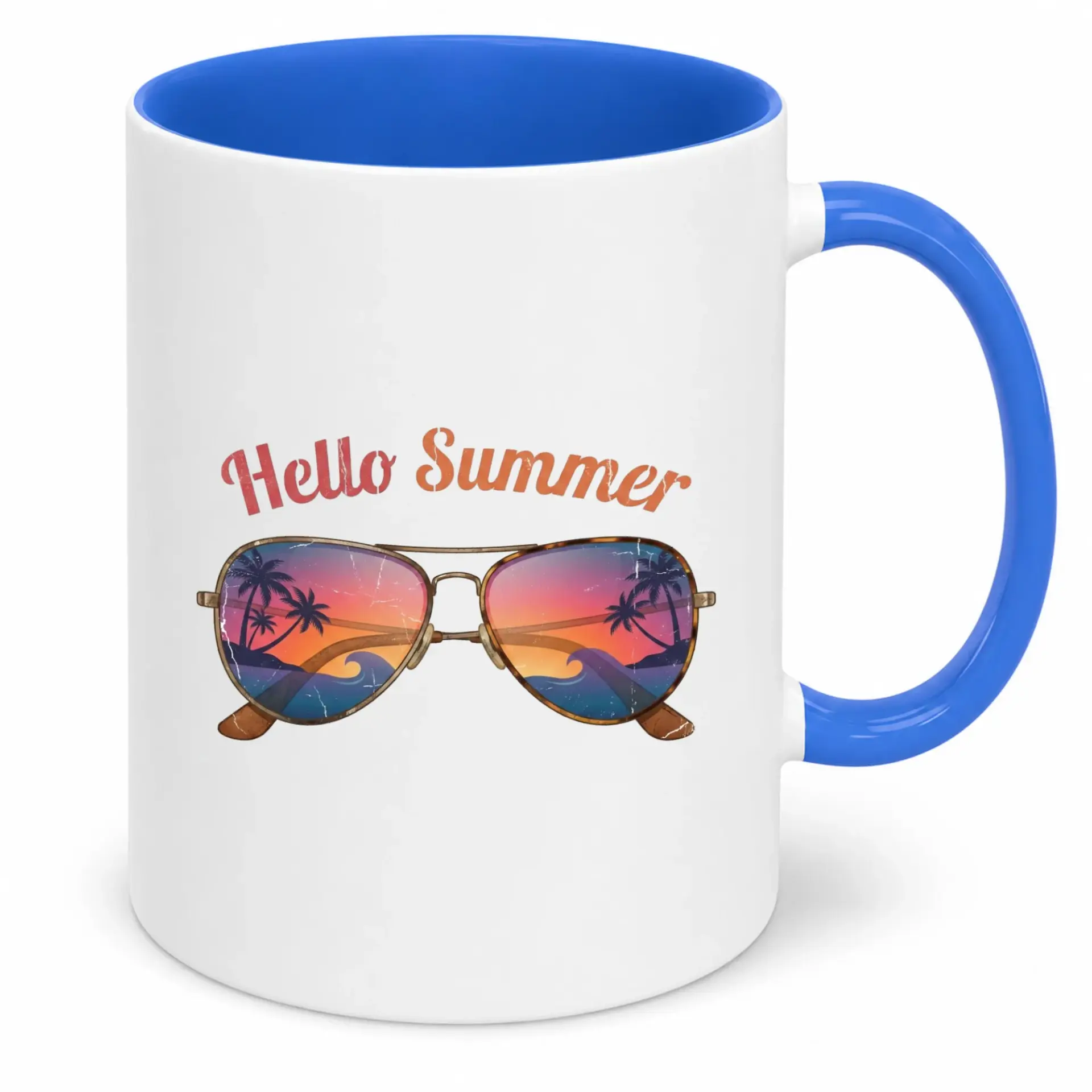 Hello Summer Coffee Mug with Sunset Beach Sunglasses Design, Blue Interior Ceramic Beverage Cup for Hot Drinks, 11 Oz or 15 Oz