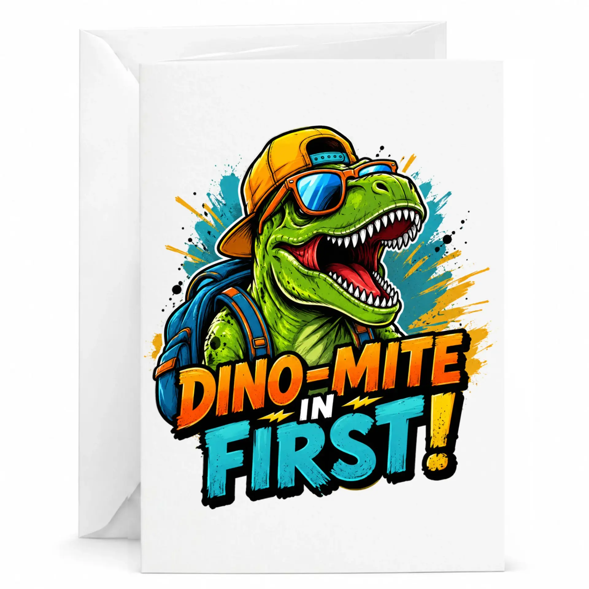 Funny Dino-Mite in First Dinosaur Greeting Card for or 5x7 Inches with White Envelope