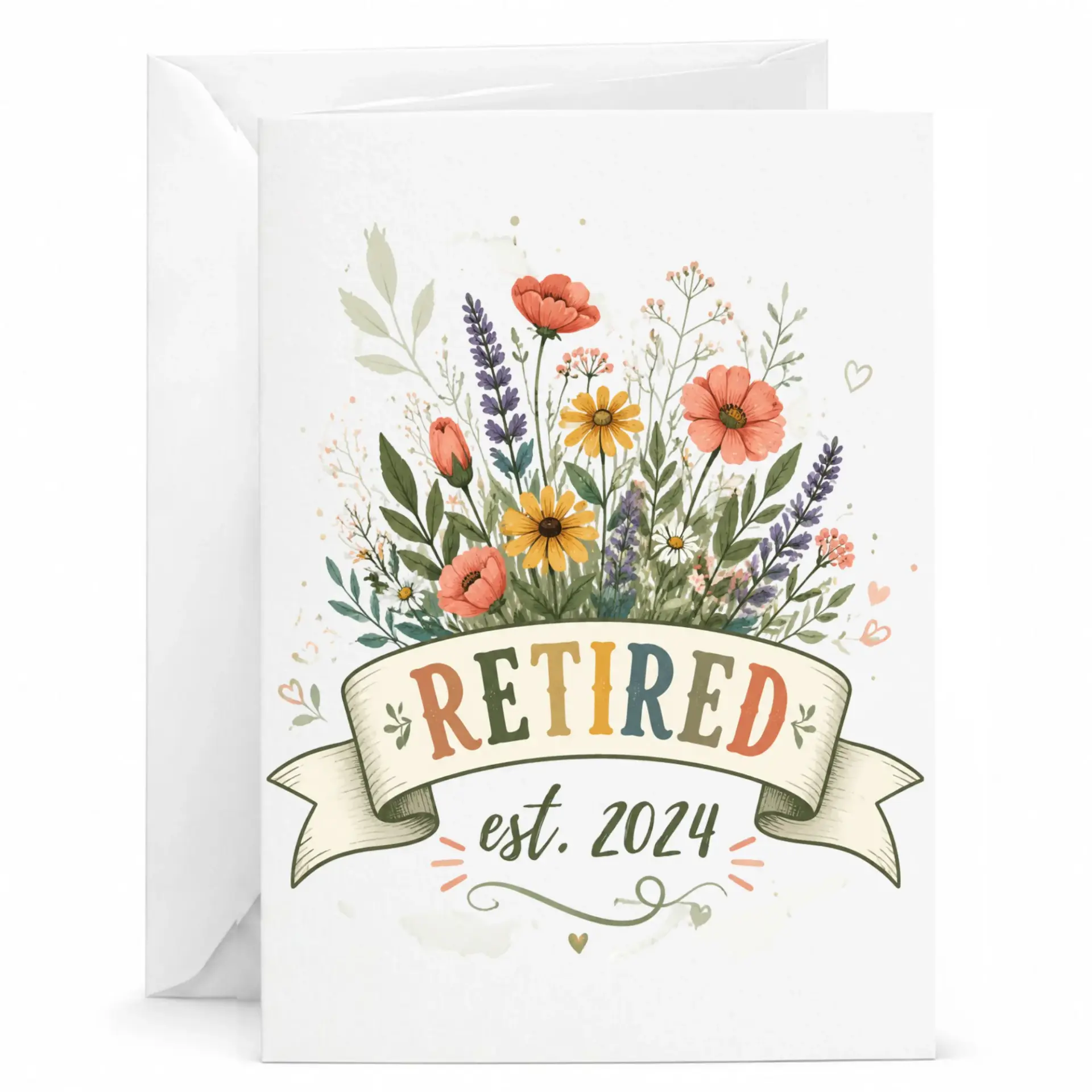 Retired Est 2024 Greeting Card with Floral Bouquet Design for Retirement Celebration and Best Wishes