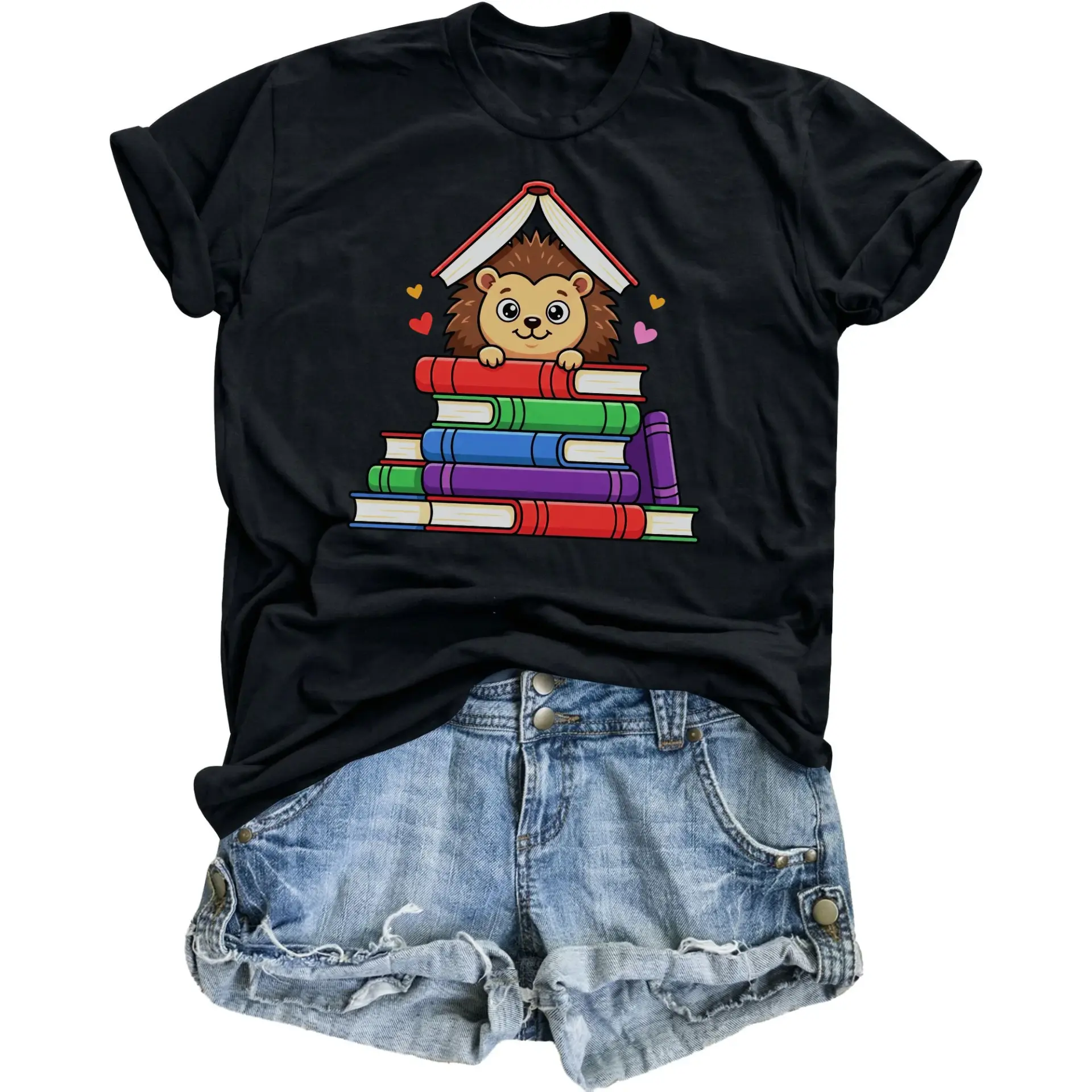 Graphic Tee Unisex Crew Neck T-Shirt Featuring Cute Hedgehog Resting on a Colorful of Books Illustration
