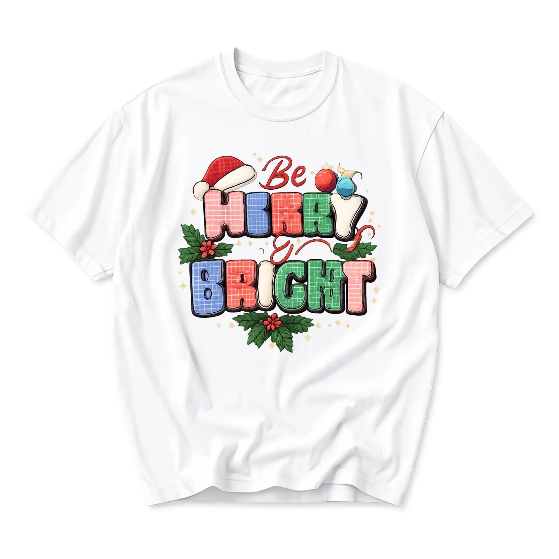 T-shirt Be Merry and Bright Graphic Holiday Apparel Casual Unisex Crew Neck