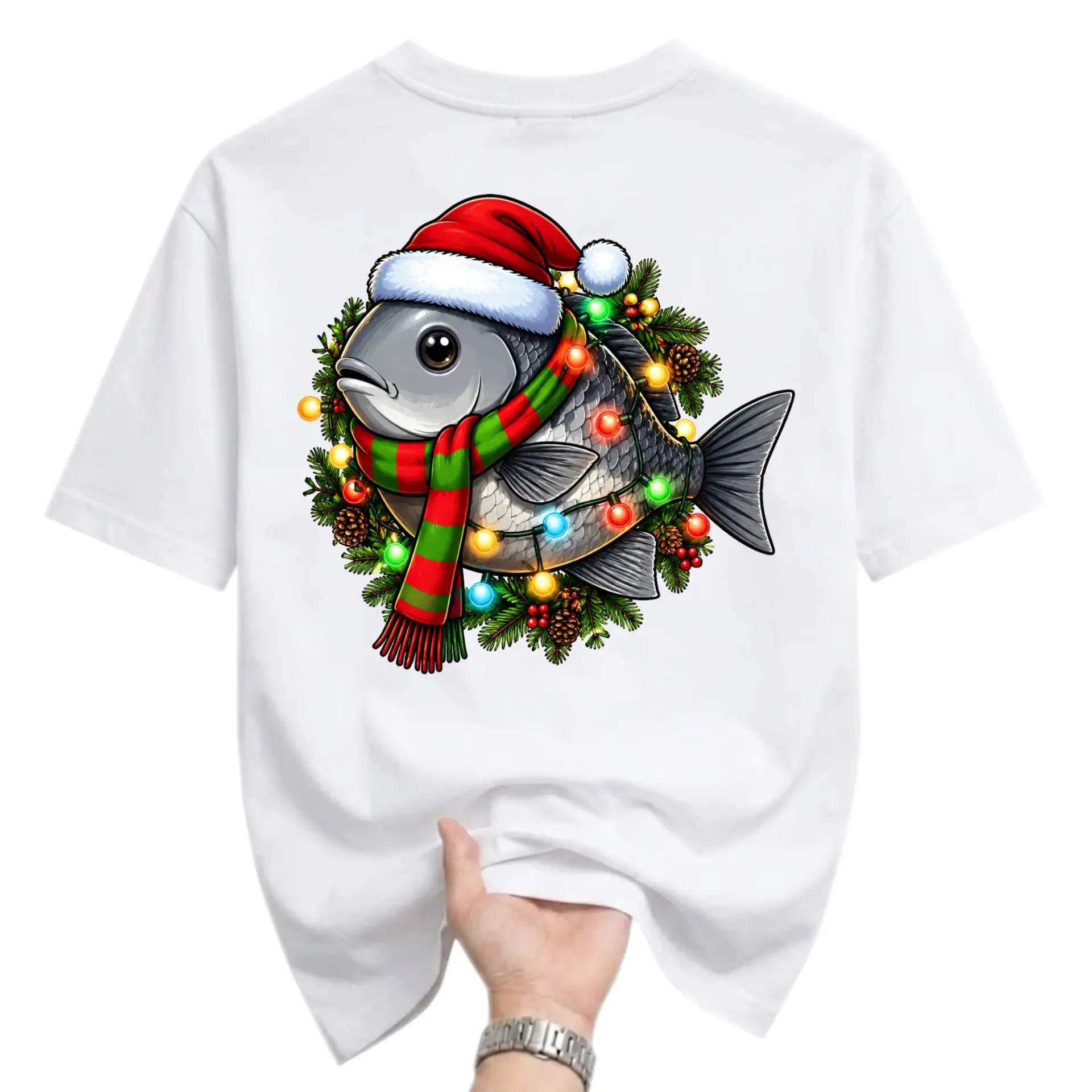 Graphic Tee Christmas Fish T-Shirt Holiday Animal Print Casual Unisex Crew Neck Top Soft Cotton Everyday Apparel