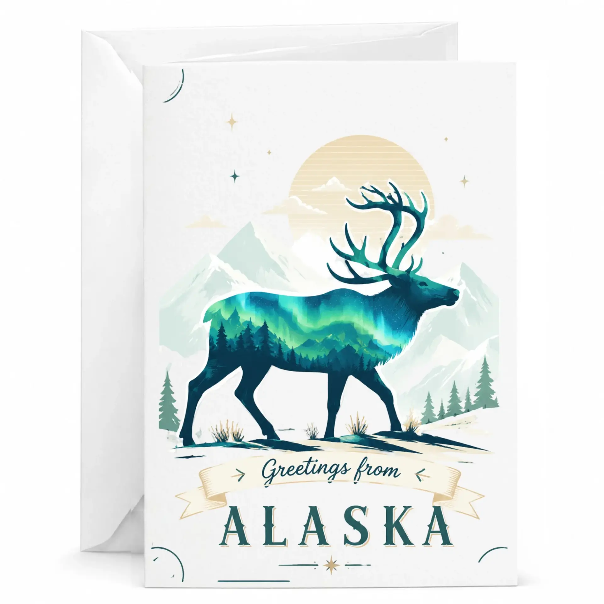 Greeting Card Alaska Wildlife Illustration Featuring Majestic Elk and Northern Lights Artistic Nature Design