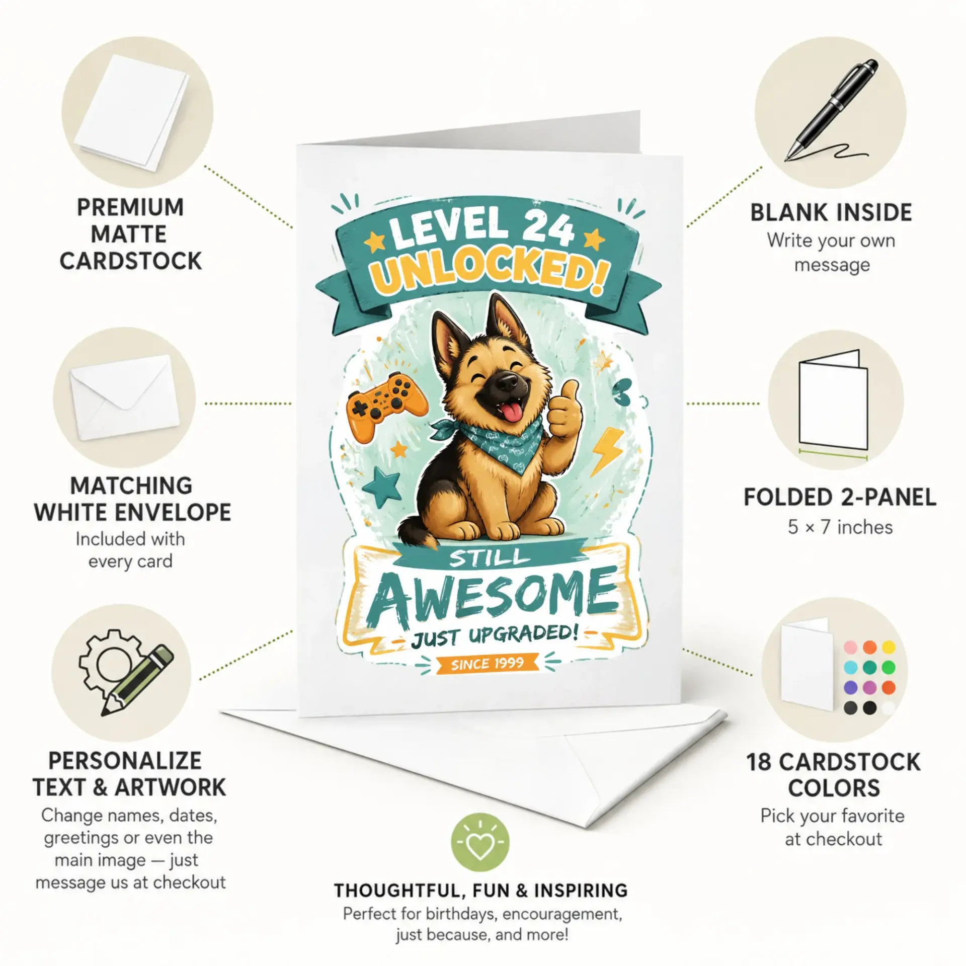 Birthday Card Level 24 Unlocked German Shepherd Dog Lover Greeting Card Funny Gaming Theme 24th Birthday Celebration