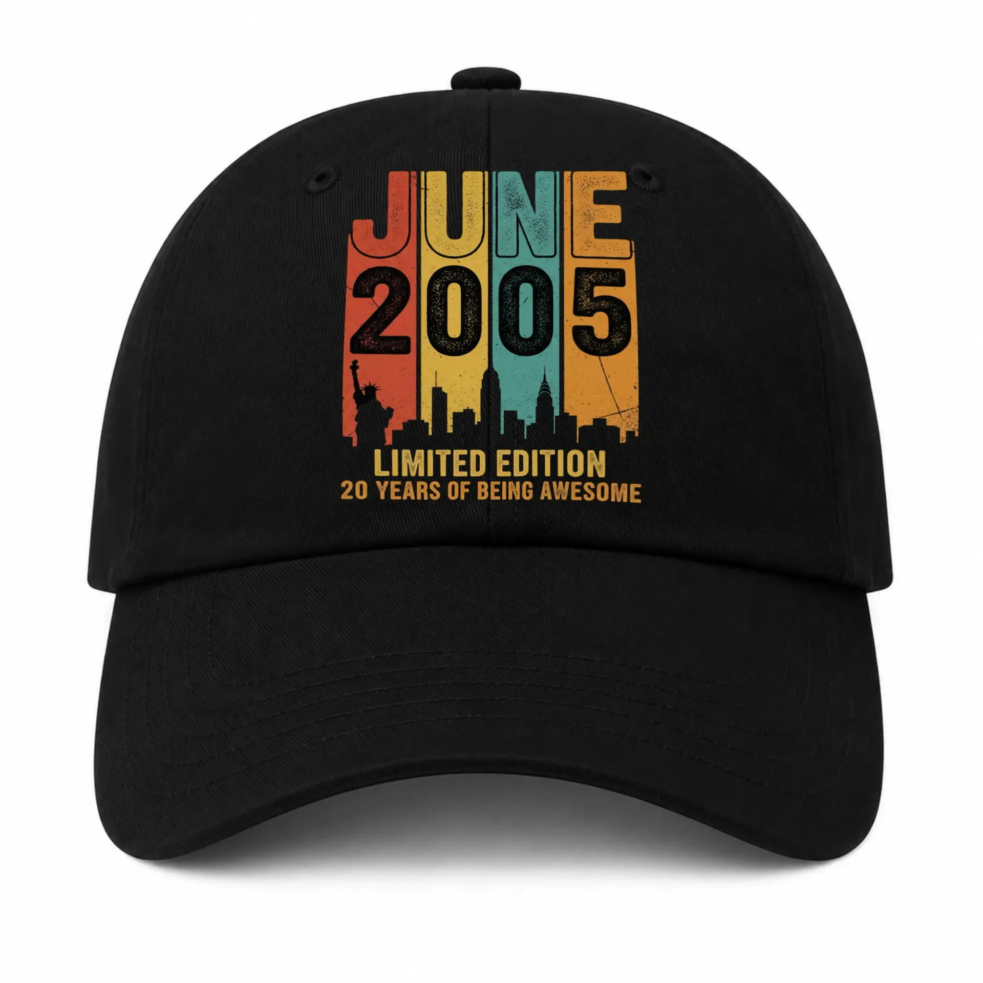 Risk: the Design Contains the Statue of Liberty Silhouette Which Is a National Emblem and Protected Icon Associated with the Usa, and the Text Includes Specific Year-Based Birthday Milestones Which Are Often Restricted in Specific Trademark Contexts. the Product Shown Is a Hat, but the Requested Output Is for Stickers, Which Indicates a Discrepancy in the Provided Assets.