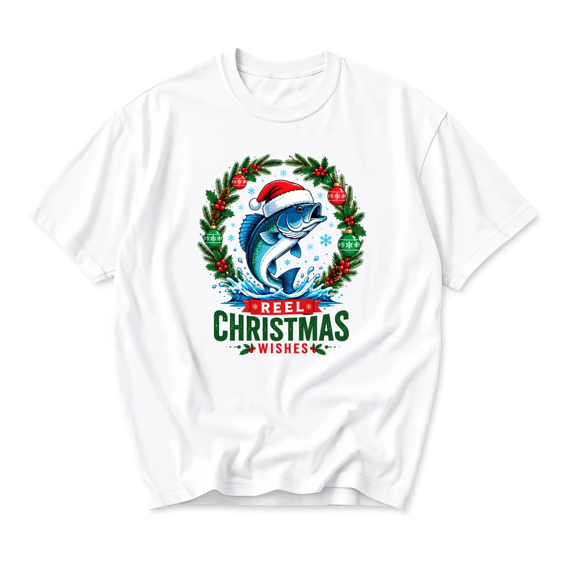 Funny Shirt Reel Christmas Wishes Graphic Tee Fisherman Santa Hat Holiday Festive Unisex Crew Neck Casual Cotton Top