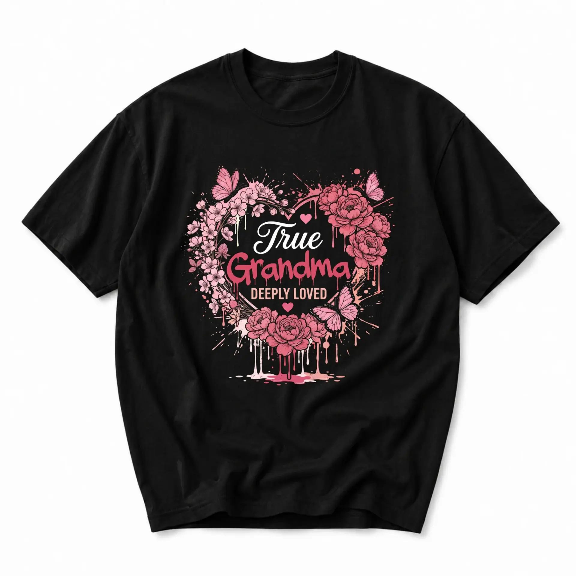 Graphic Tee True Grandma Deeply Loved Floral Heart Design Unisex Casual Short Sleeve Crew Neck Cotton Blend Shirt