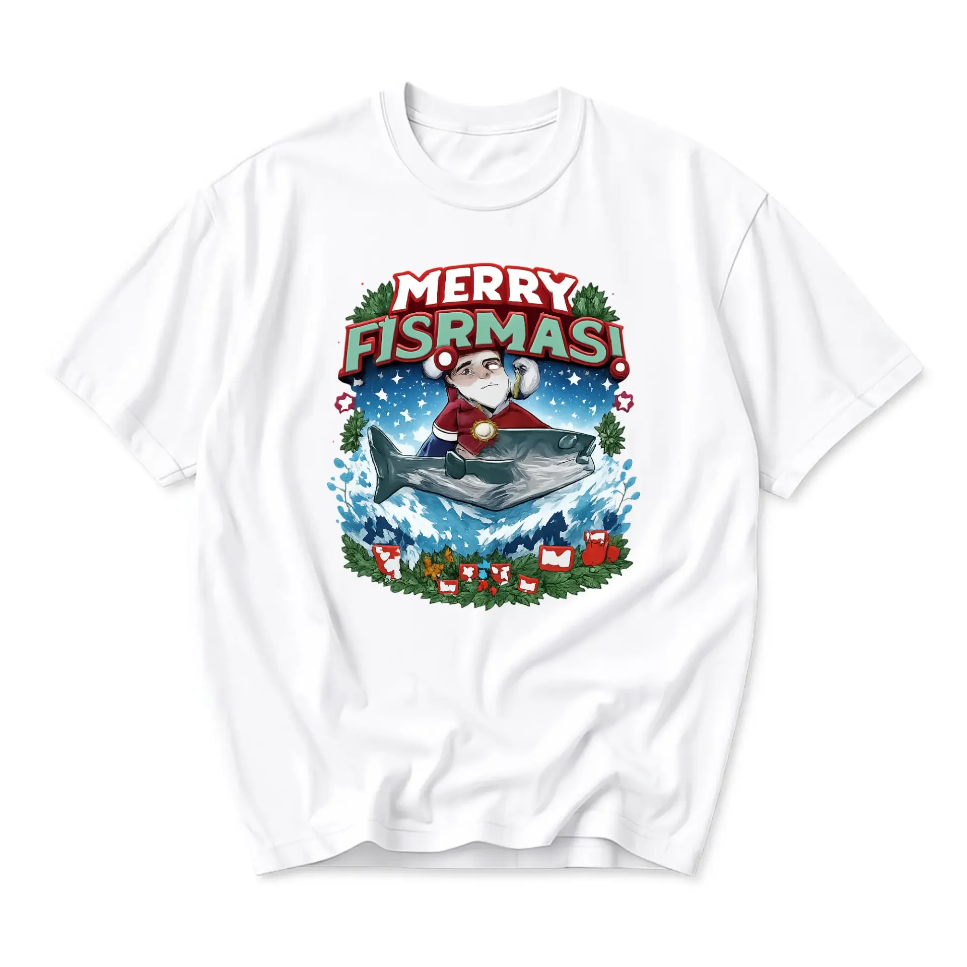 Funny Shirt Merry Fisrmas Graphic Tee Fishing Holiday Humor Apparel for Men and Women Casual Short Sleeve Crewneck Top