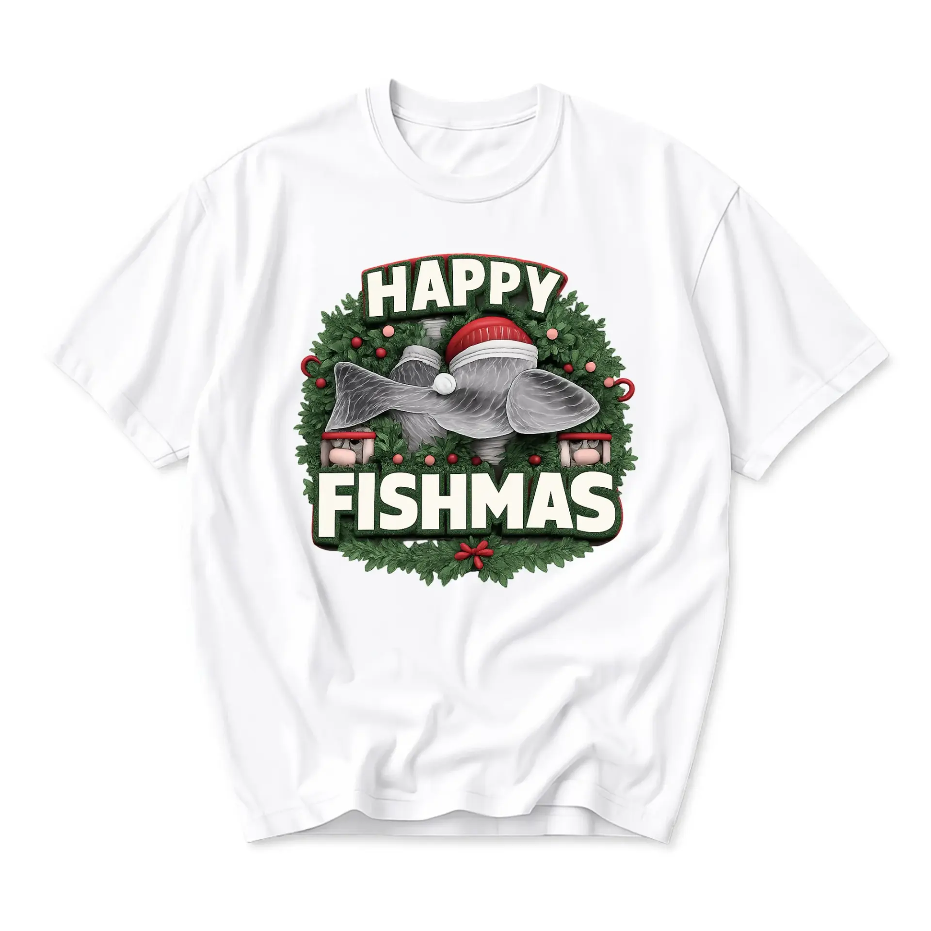 Funny Shirt Happy Fishmas Holiday Graphic Tee Unisex Short Sleeve Crew Neck Seasonal Apparel for Casual Comfort