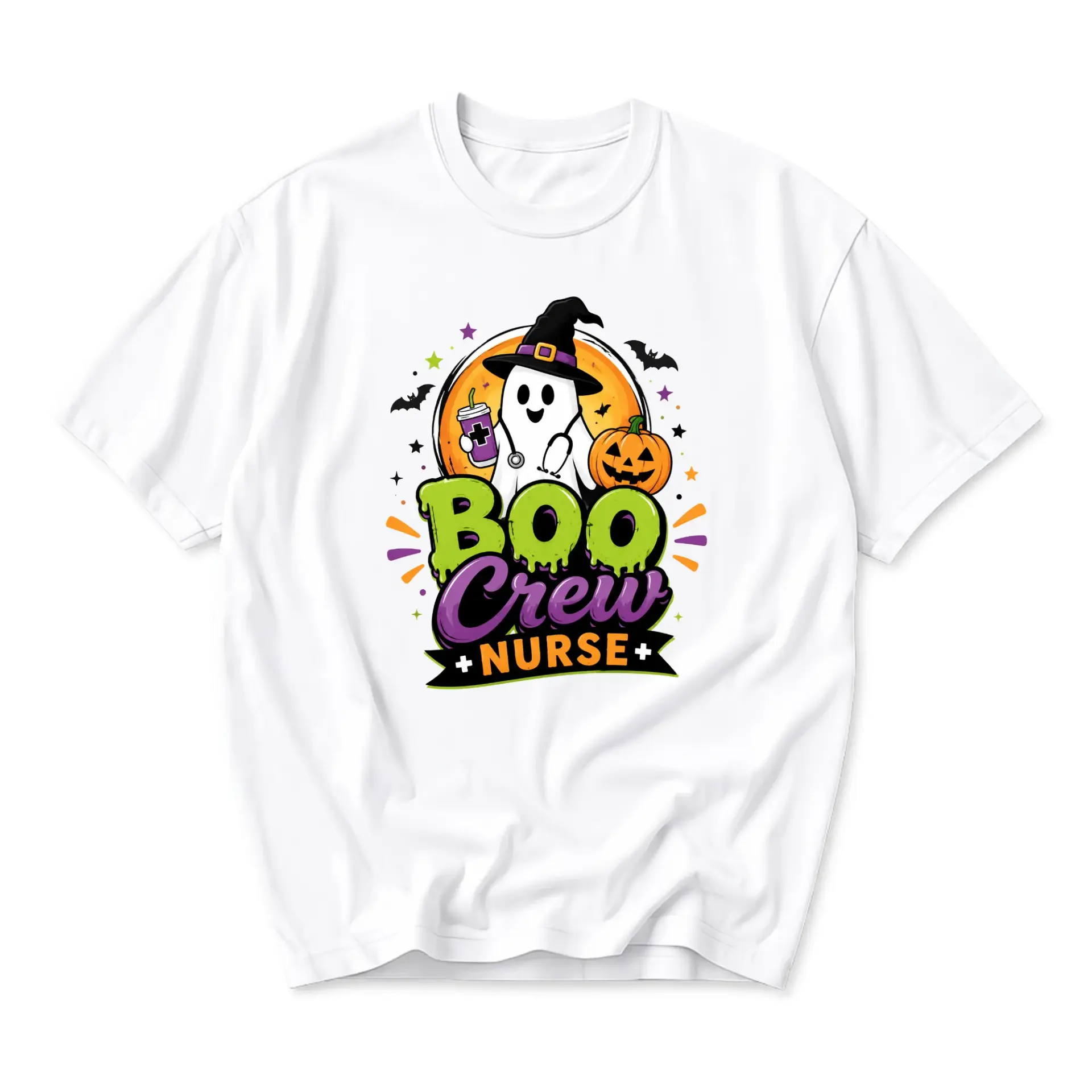 Graphic Tee Boo Crew Nurse Halloween Ghost Shirt Unisex Crew Neck Short Sleeve Cotton Blend Casual Holiday Top