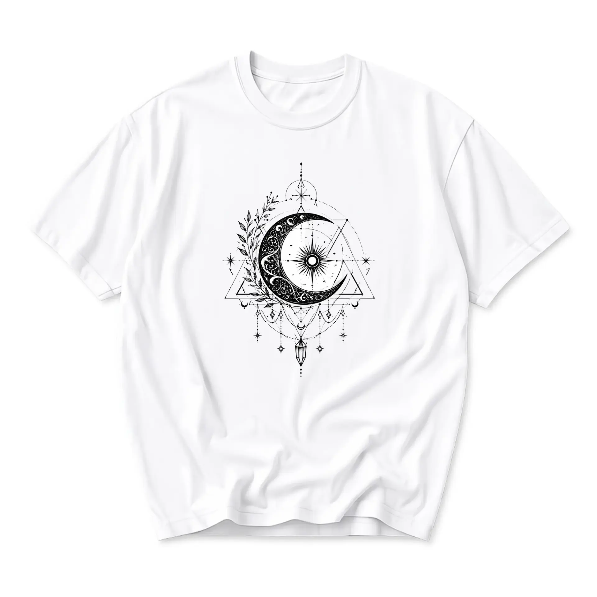 Graphic Tee Celestial Moon and Geometric Triangle Print Short Sleeve Unisex Crew Neck Cotton Blend Casual Apparel