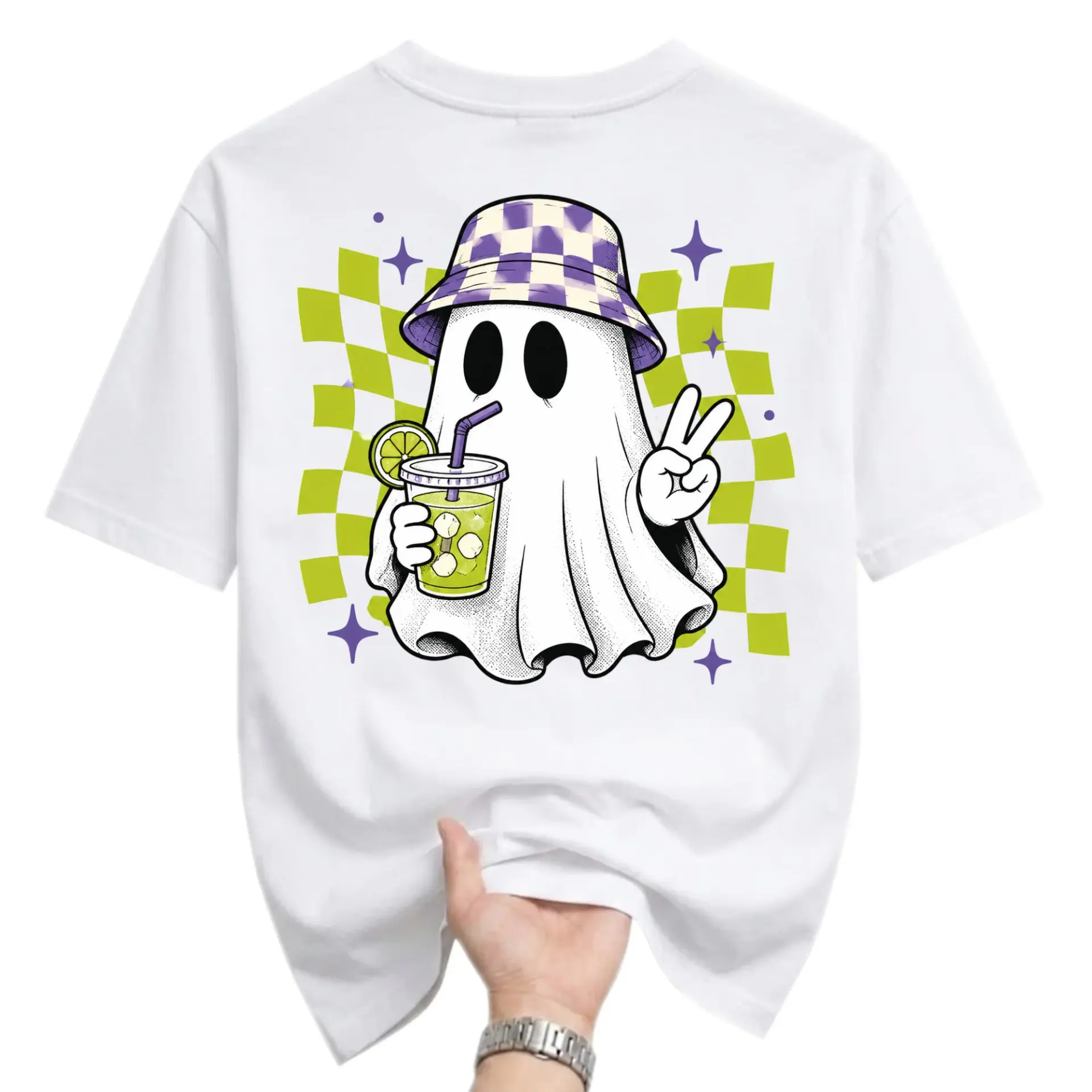 T-shirt Graphic Tee Featuring a Trendy Ghost Character with a Checked Bucket Hat and Refreshing Citrus Drink Design