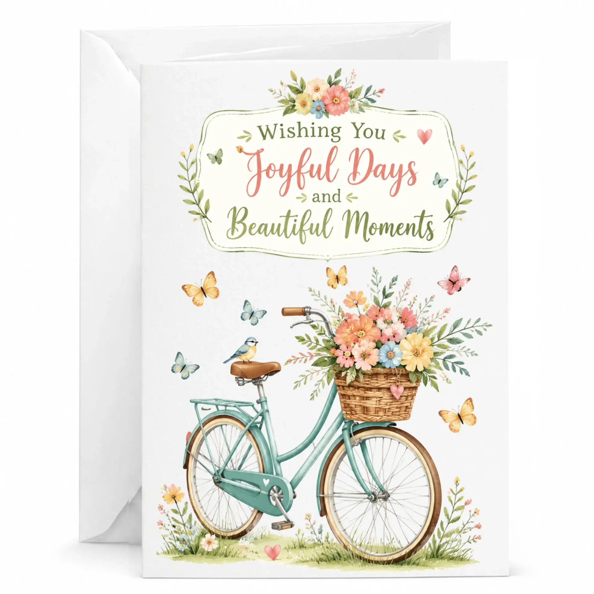 Greeting Card Wishing You Joyful Days and Beautiful with Bicycle Flowers Art