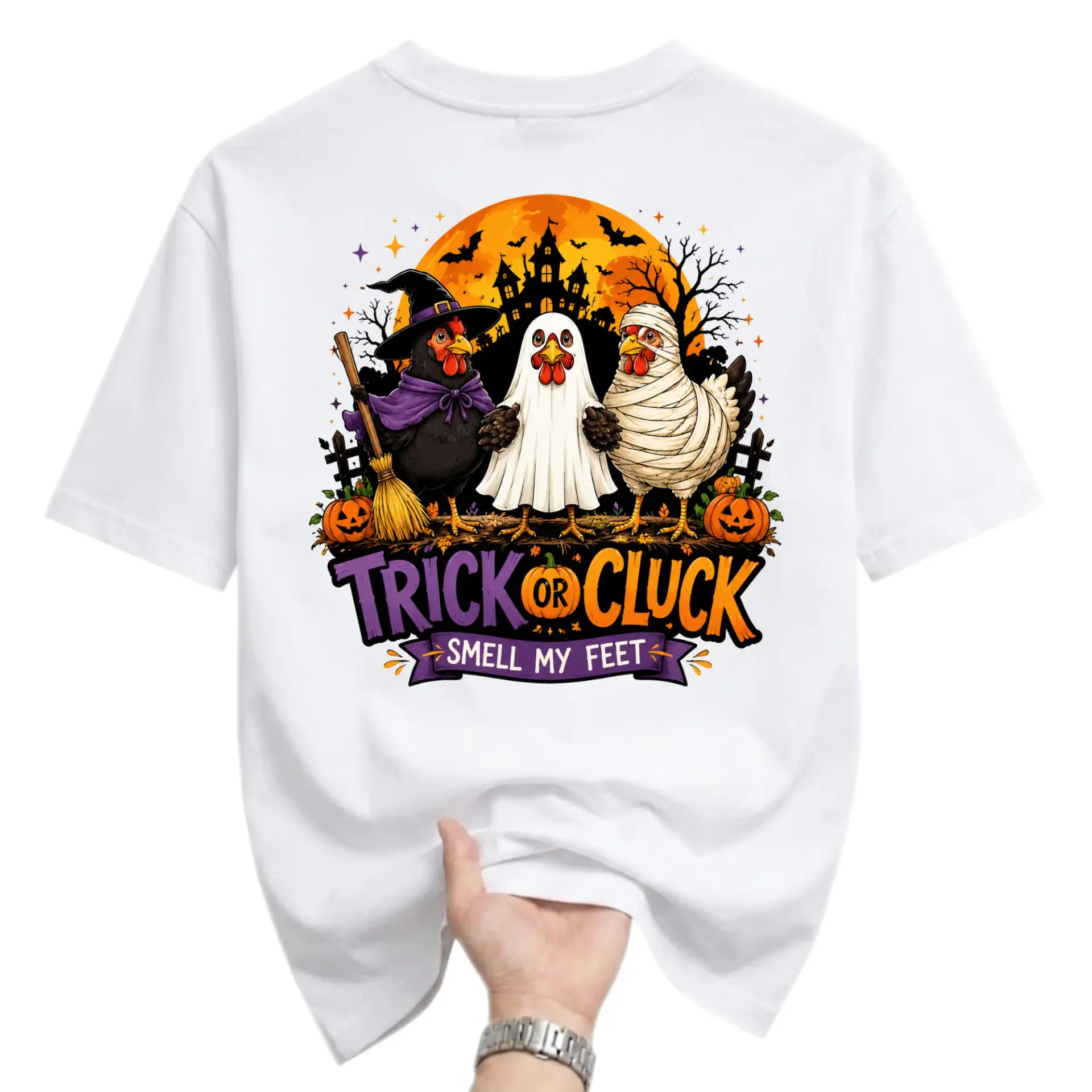 Funny Shirt Trick or Cluck Halloween Graphic Tee Featuring Cute Chicken Costumes Unisex Crew Neck Casual Cotton Top