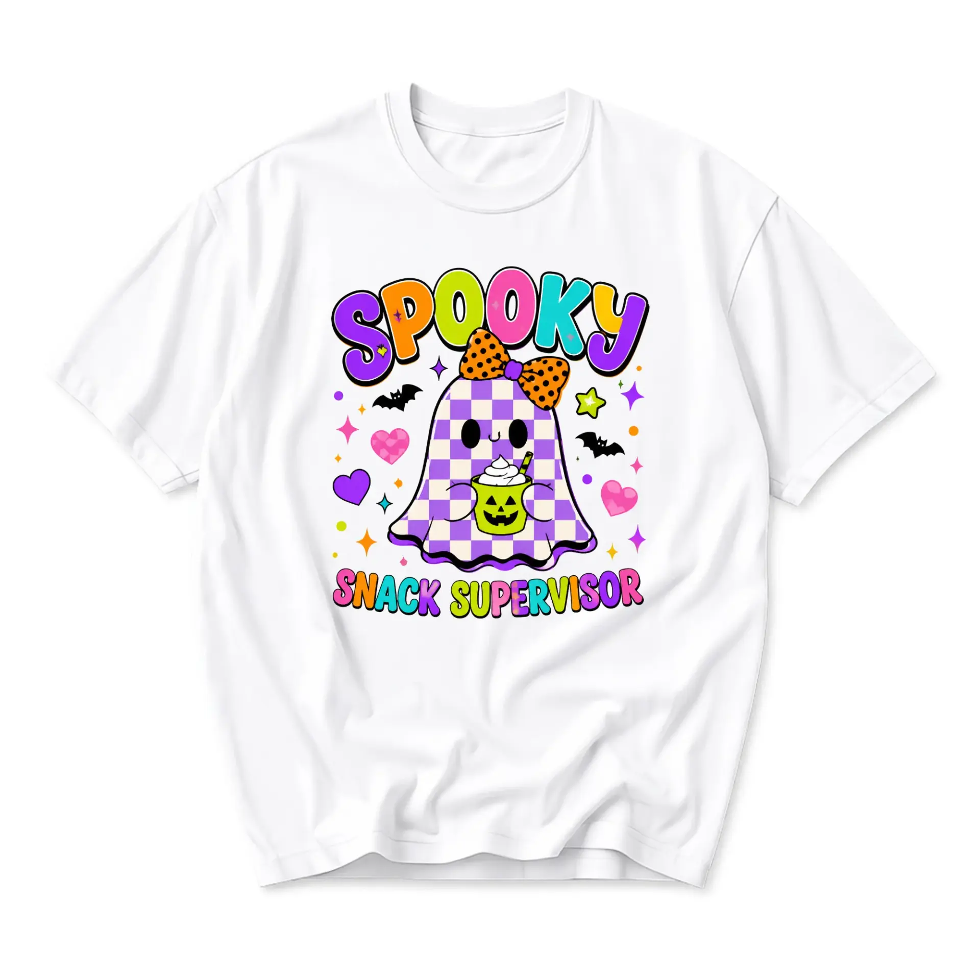 Graphic Tee Spooky Snack Supervisor Retro Checkerboard Ghost Shirt Fun Autumn Seasonal Unisex Crewneck Apparel