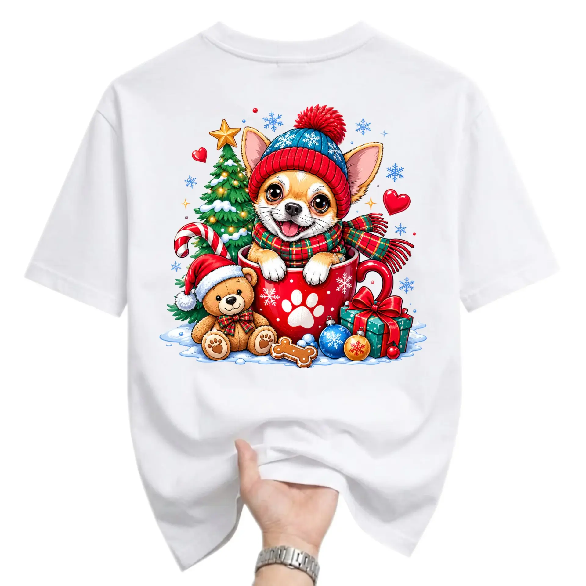 Graphic Tee Unisex Crew Neck Short Sleeve Holiday Shirt Featuring Festive Puppy in Mug with Christmas Decor