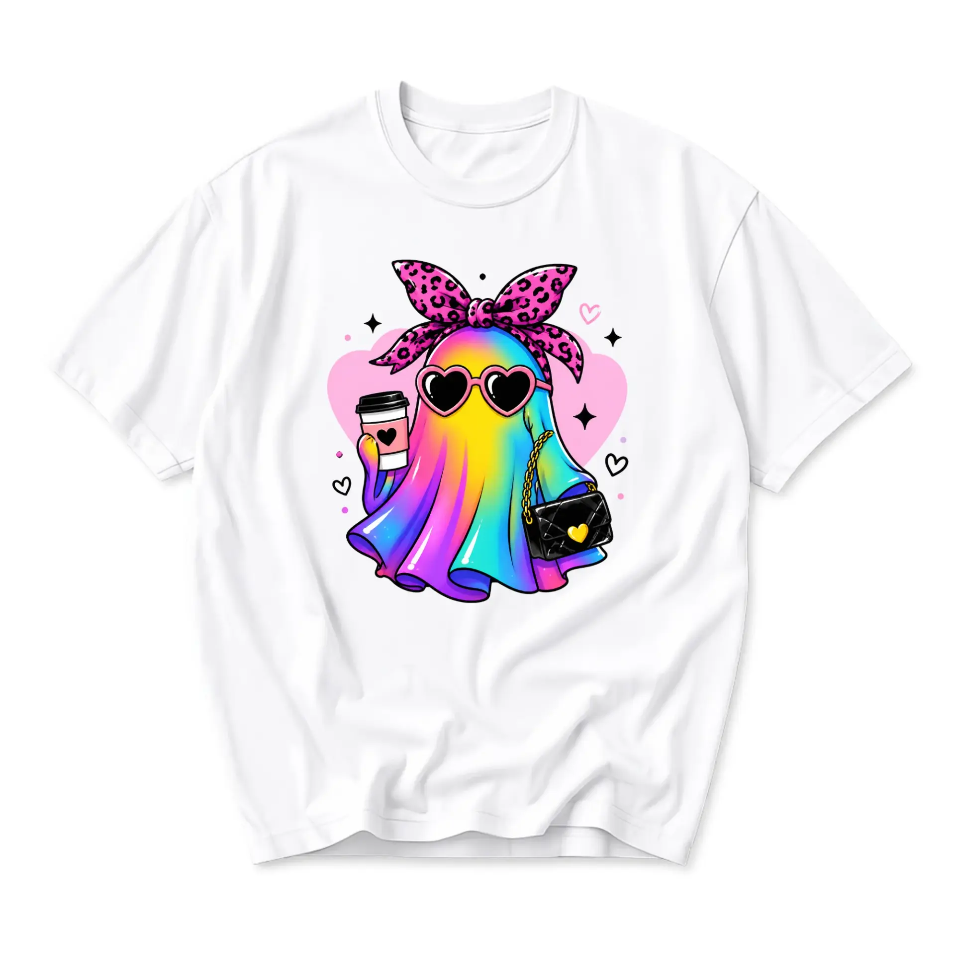 Graphic Tee Unisex Rainbow Ghost with Sunglasses and Purse Fashion Illustration Casual Crew Neck Short Sleeve Shirt