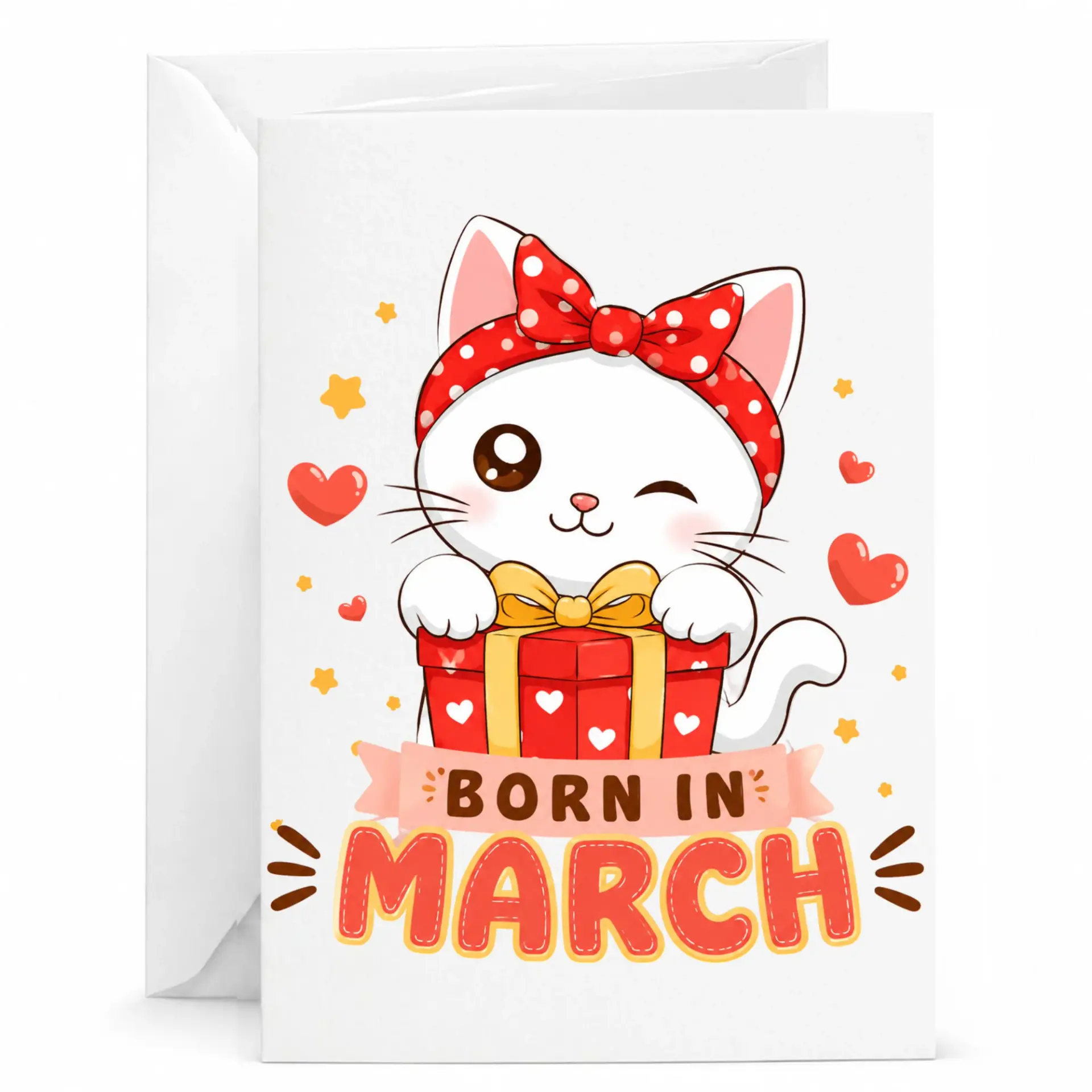 Birthday Card Born in March Cute Cat with Gift Box Illustration Folded Stationery with Matching White Envelope