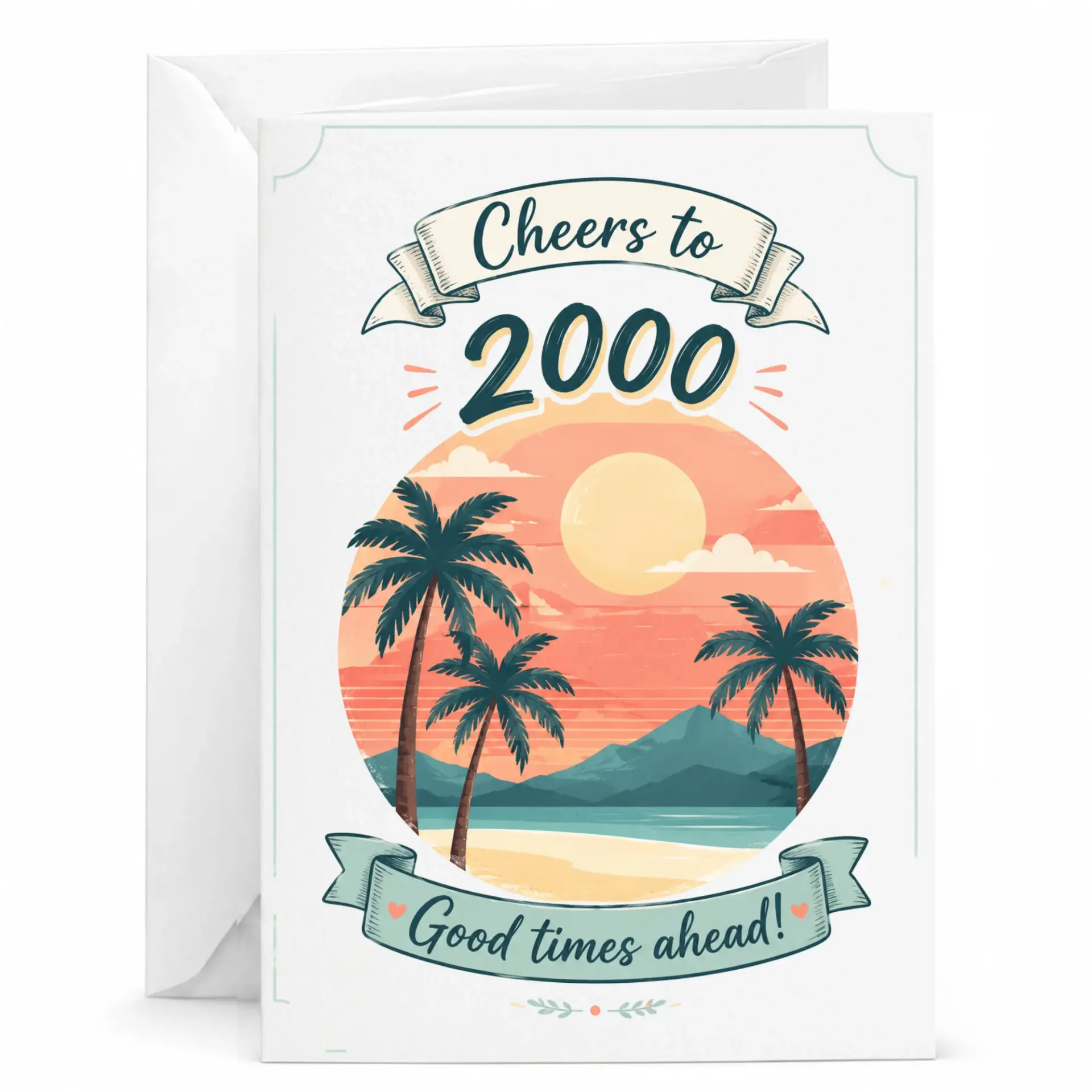 Greeting Card Cheers to 2000 Good Times Ahead Tropical Sunset Beach Illustration for Various Celebrations and Events