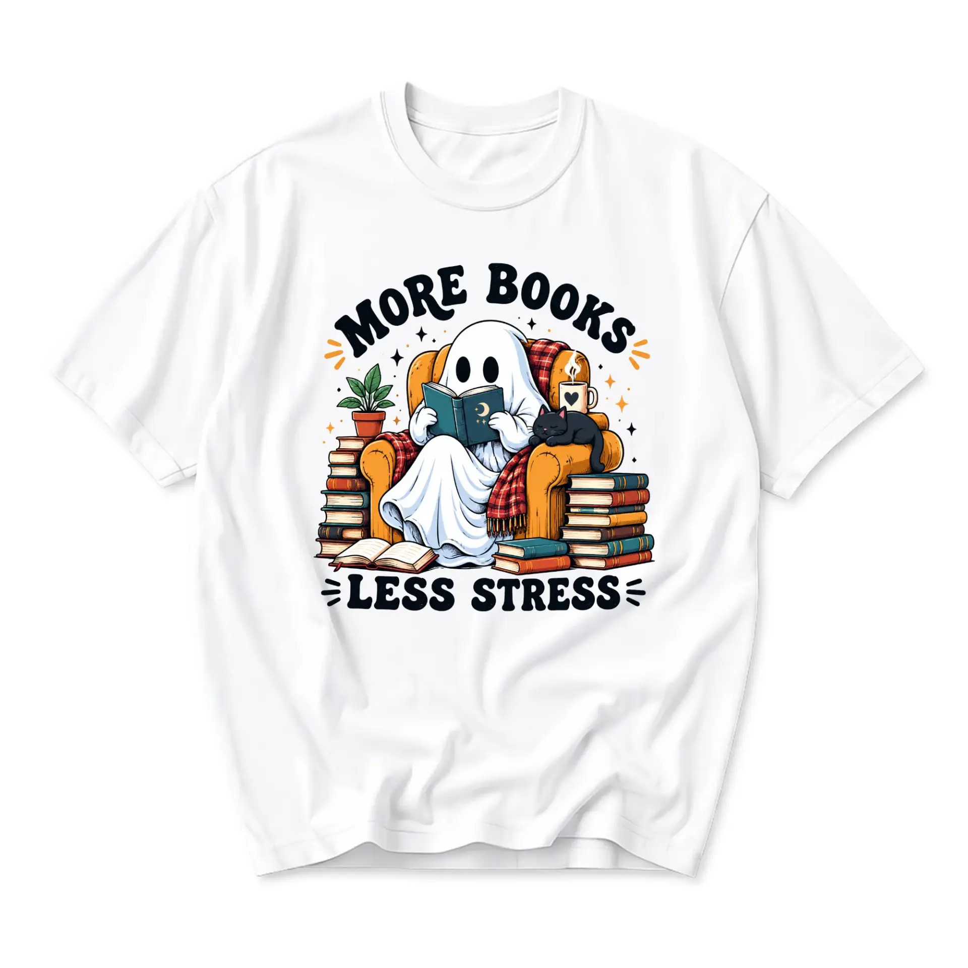 Graphic Tee More Books Less Stress Shirt Unisex Casual Apparel Featuring a Cozy Ghost Reading in an Armchair Design