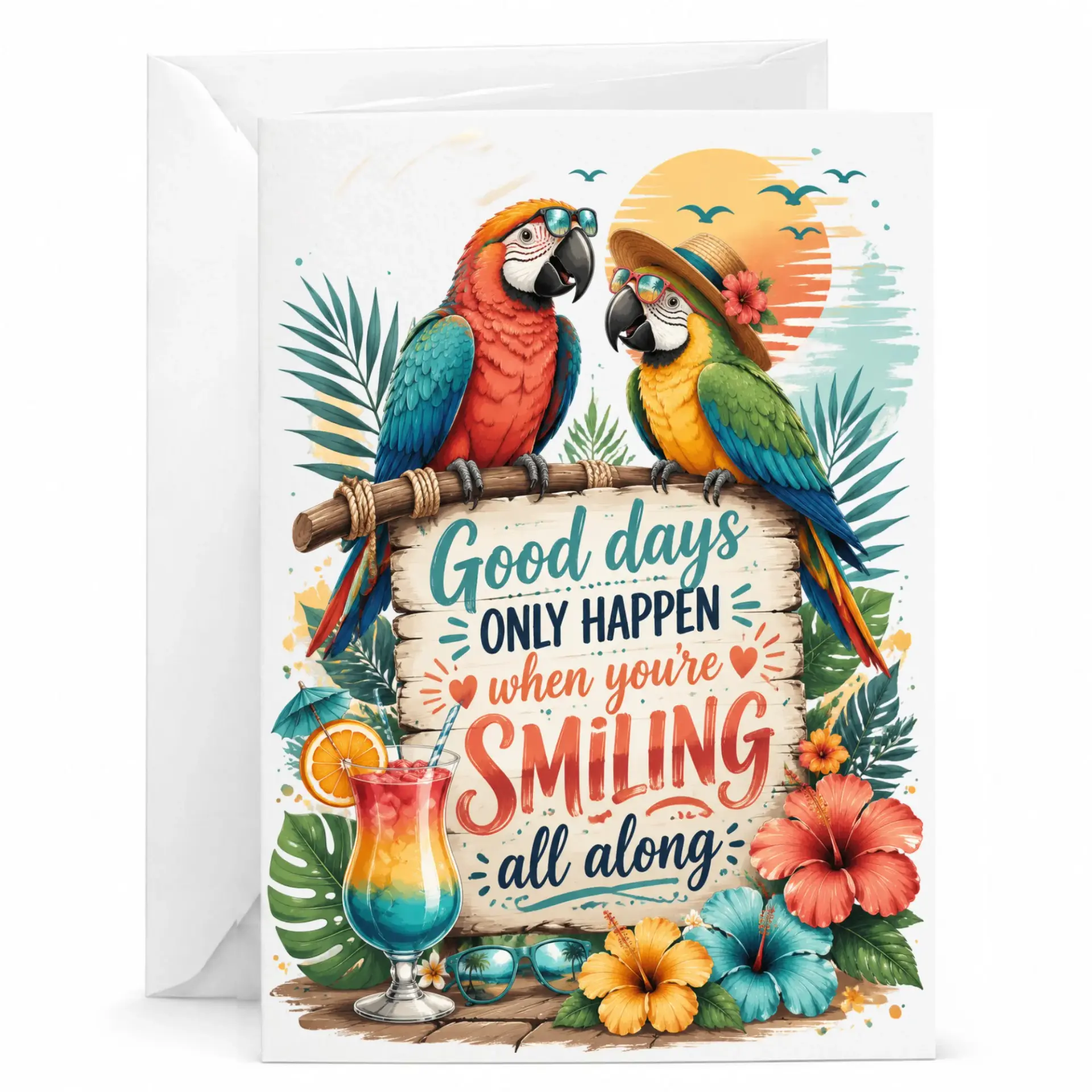 Funny Parrot Tropical Greeting Card with Matching Envelope for Happy Occasions 5x7 Inch Stationery