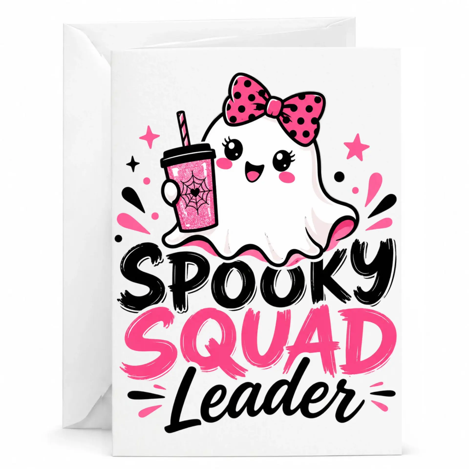 Funny Spooky Squad Greeting Card with Pink Polka Dot Bow and Iced Coffee Illustration for Friends