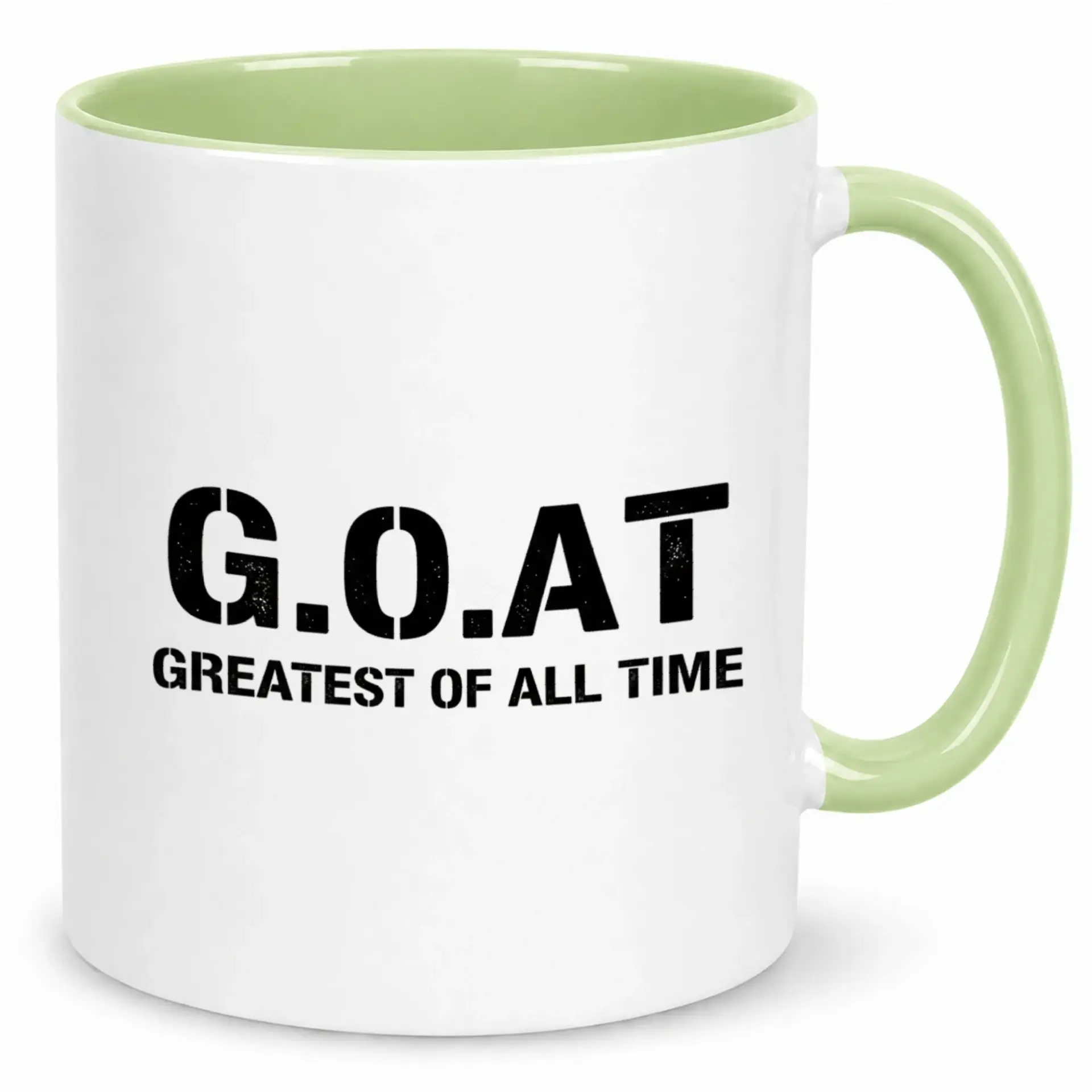 G.o.a.t. Greatest of All Time Funny Coffee Mug | Durable White Ceramic 11oz or 15oz Beverage Cup with Green Handle and Interior | Unique Gift for Men and Women