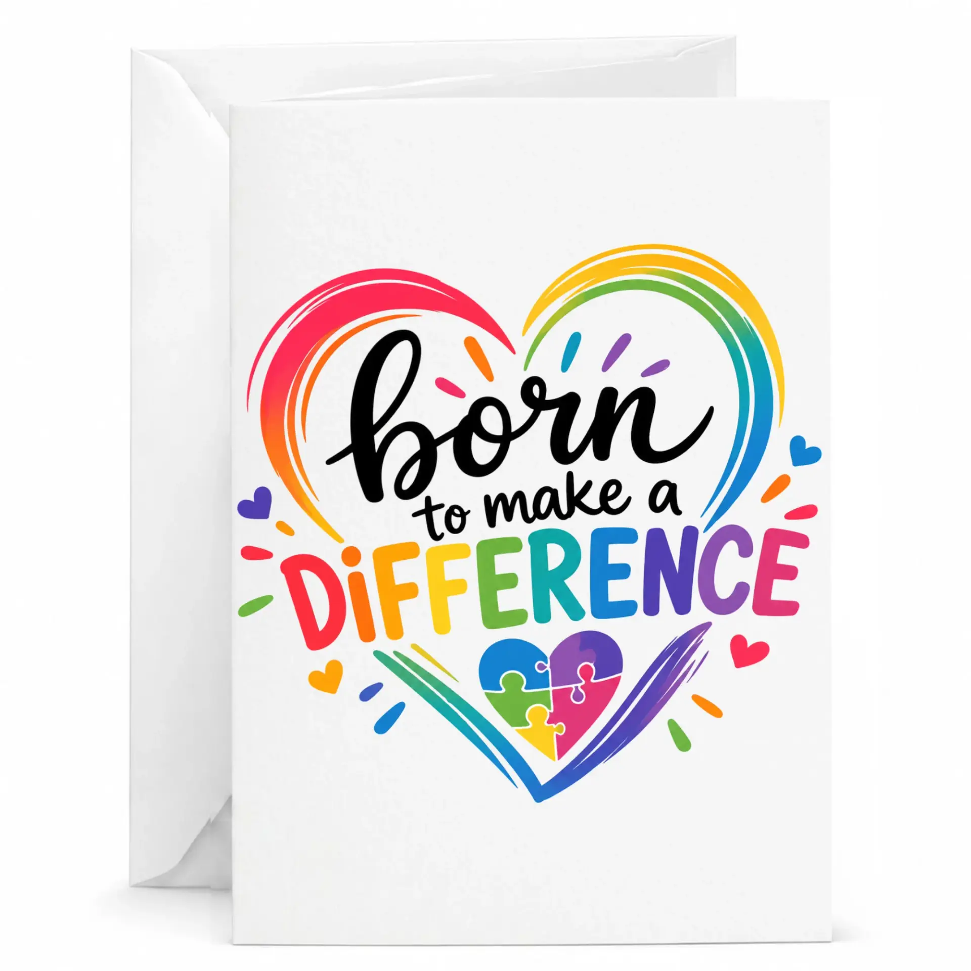 Inspirational Born to Make a Difference Greeting Card with Rainbow Heart and Puzzle Piece Design for Special Occasions