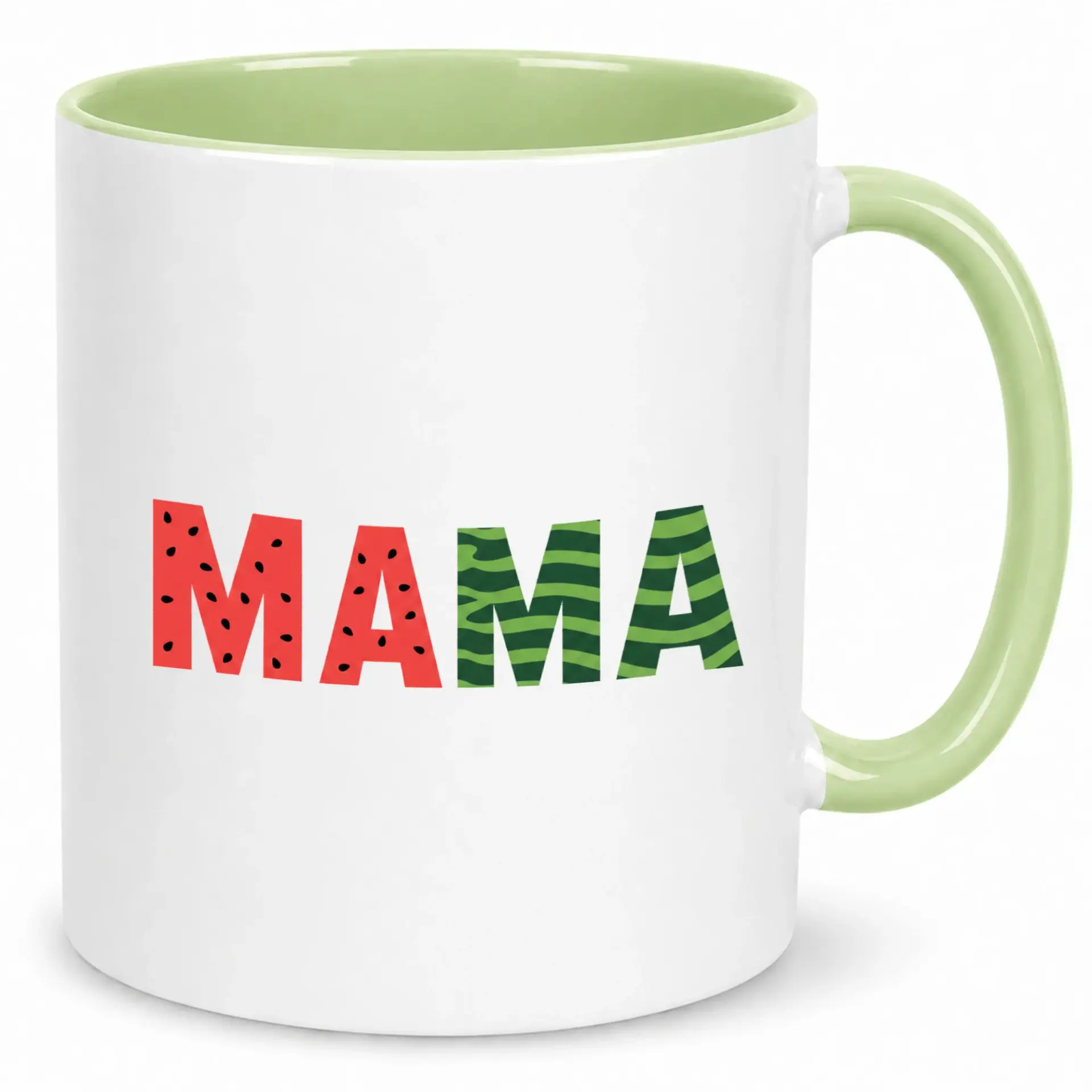 Funny Coffee Mug with Watermelon Mama Print, Unique Ceramic Beverage Cup with Light Green Handle for Home Office Use, Thoughtful Gift for Mother